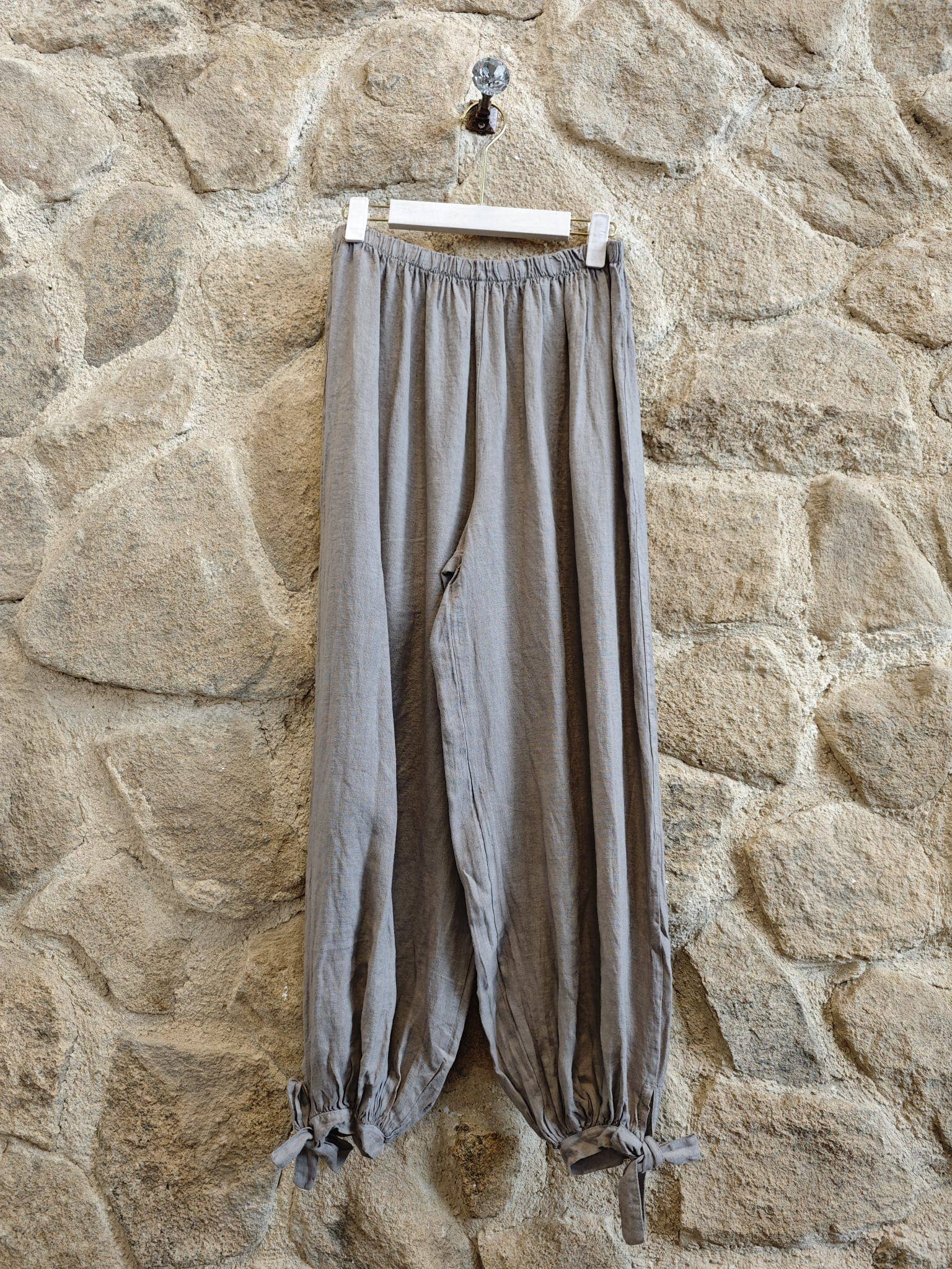 European Linen Elastic Waist Pant with Drawstring Ankle Cuffs 18324
