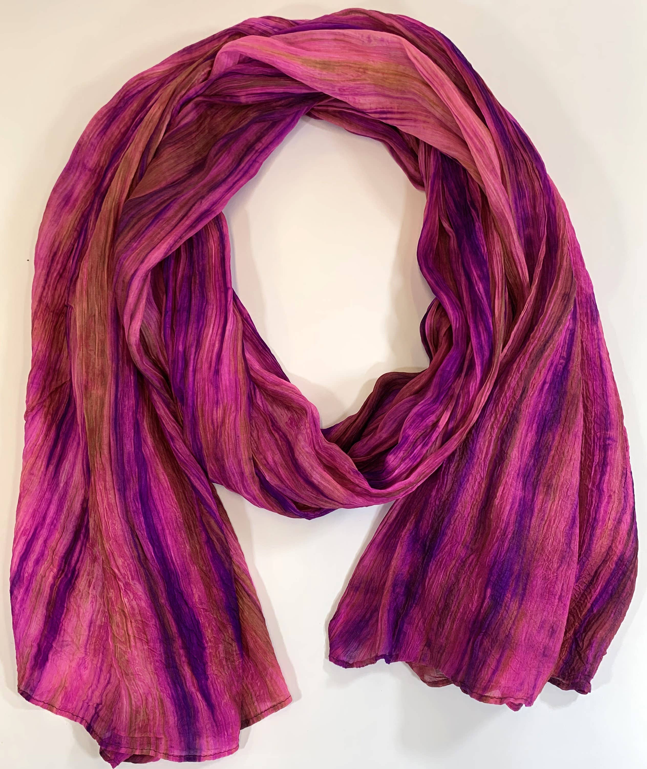 Lua Watercolor Silk Scarf in Deep Fuschia/Moss