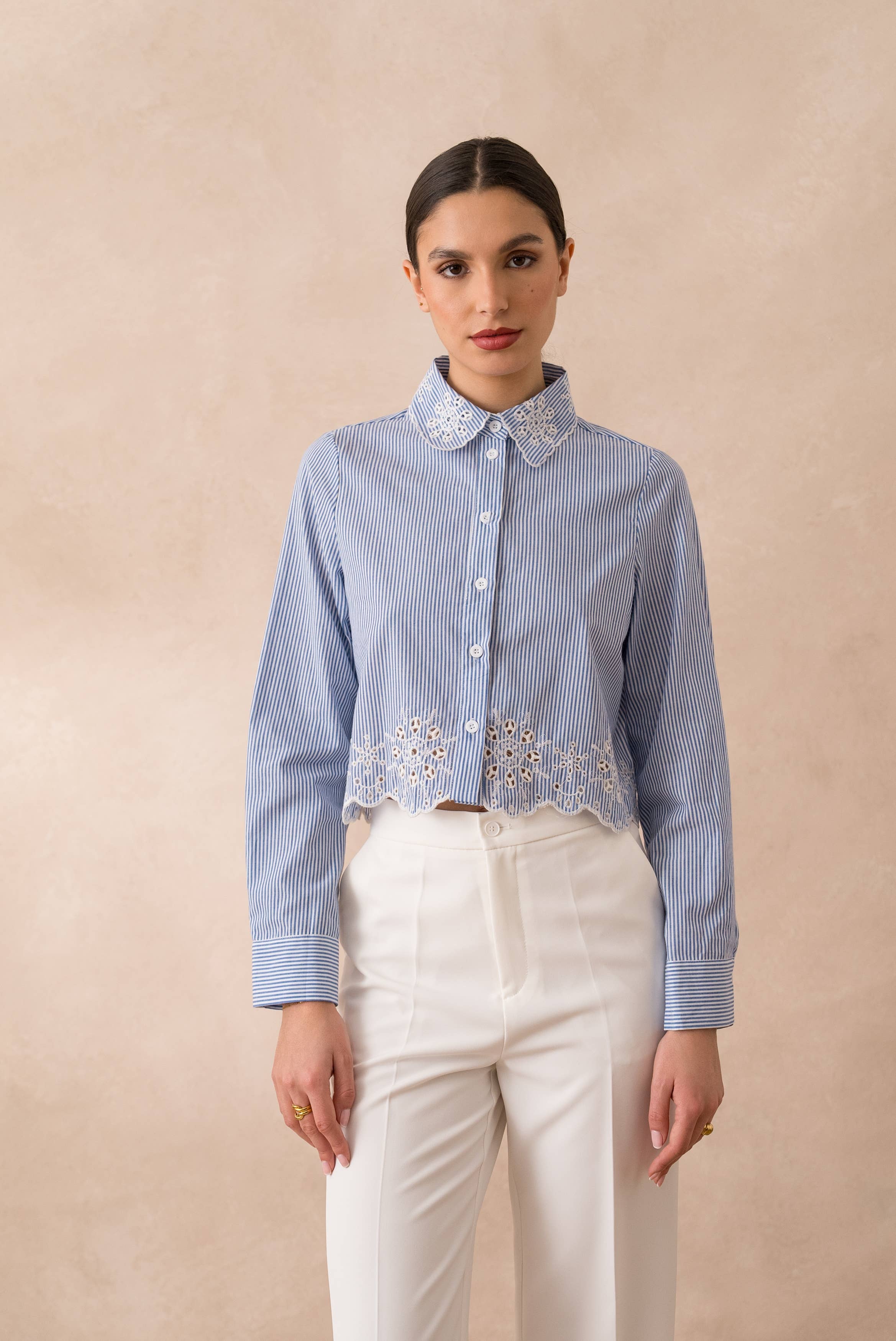 European Collection - Striped & Eyelet Cropped Shirt