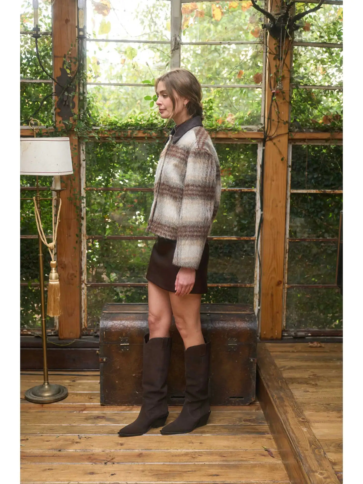 Moon River Brushed Plaid Contrast Collar Jacket MS1095