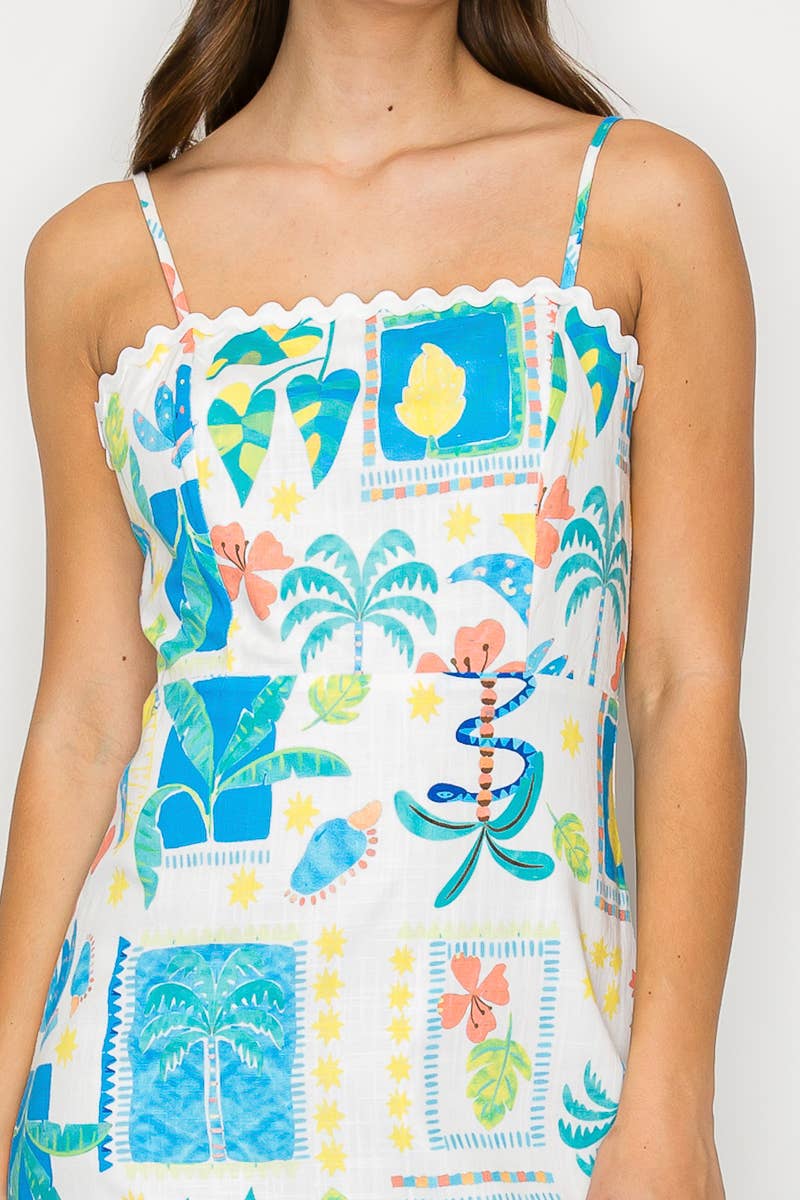 LoveWednesday Retro Palm Tree Print Mini Dress with Rick Rack Trim