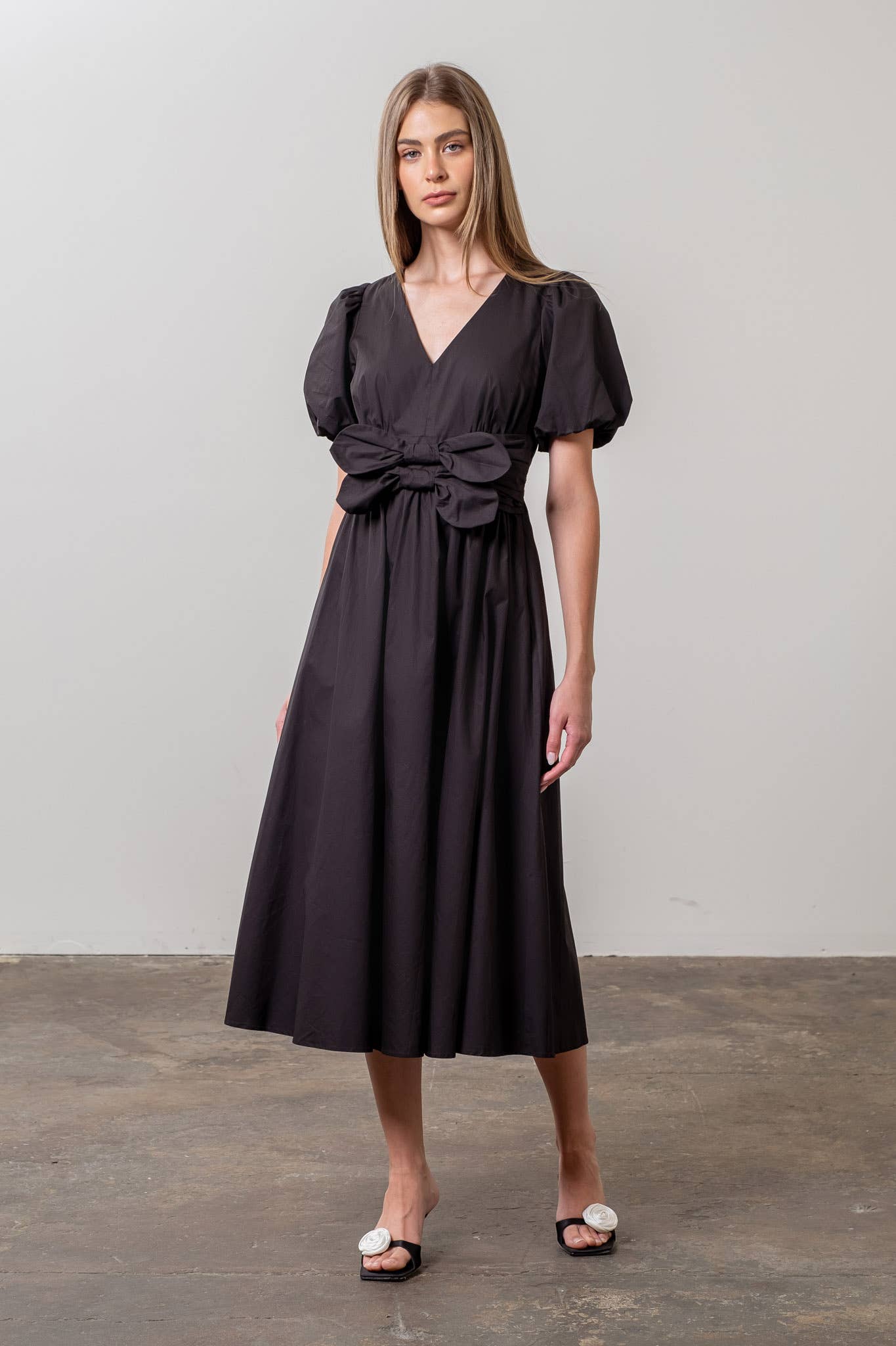 Moon River Puff Sleeve Midi Dress