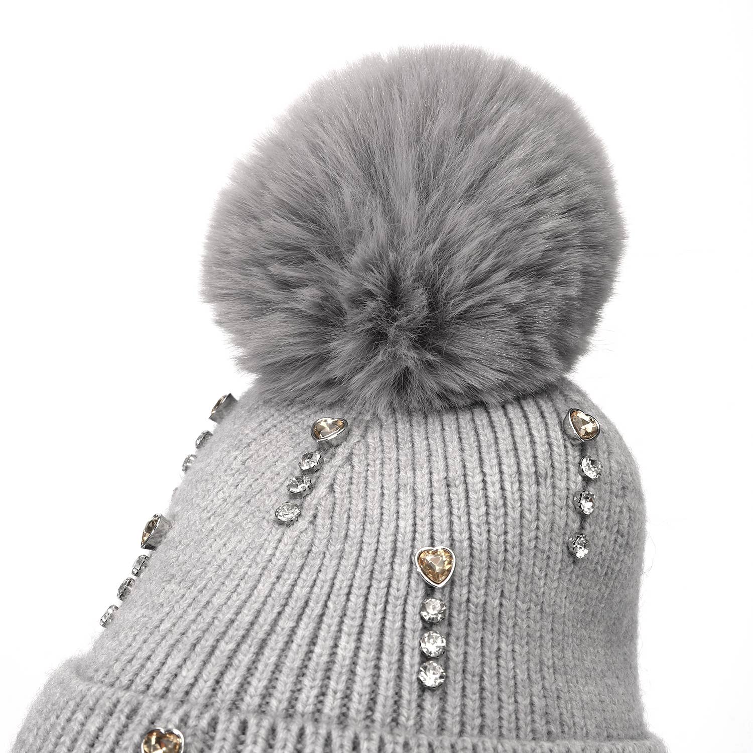 Thames Collection Crystal and Hearts Wool Hat with Faux Pom