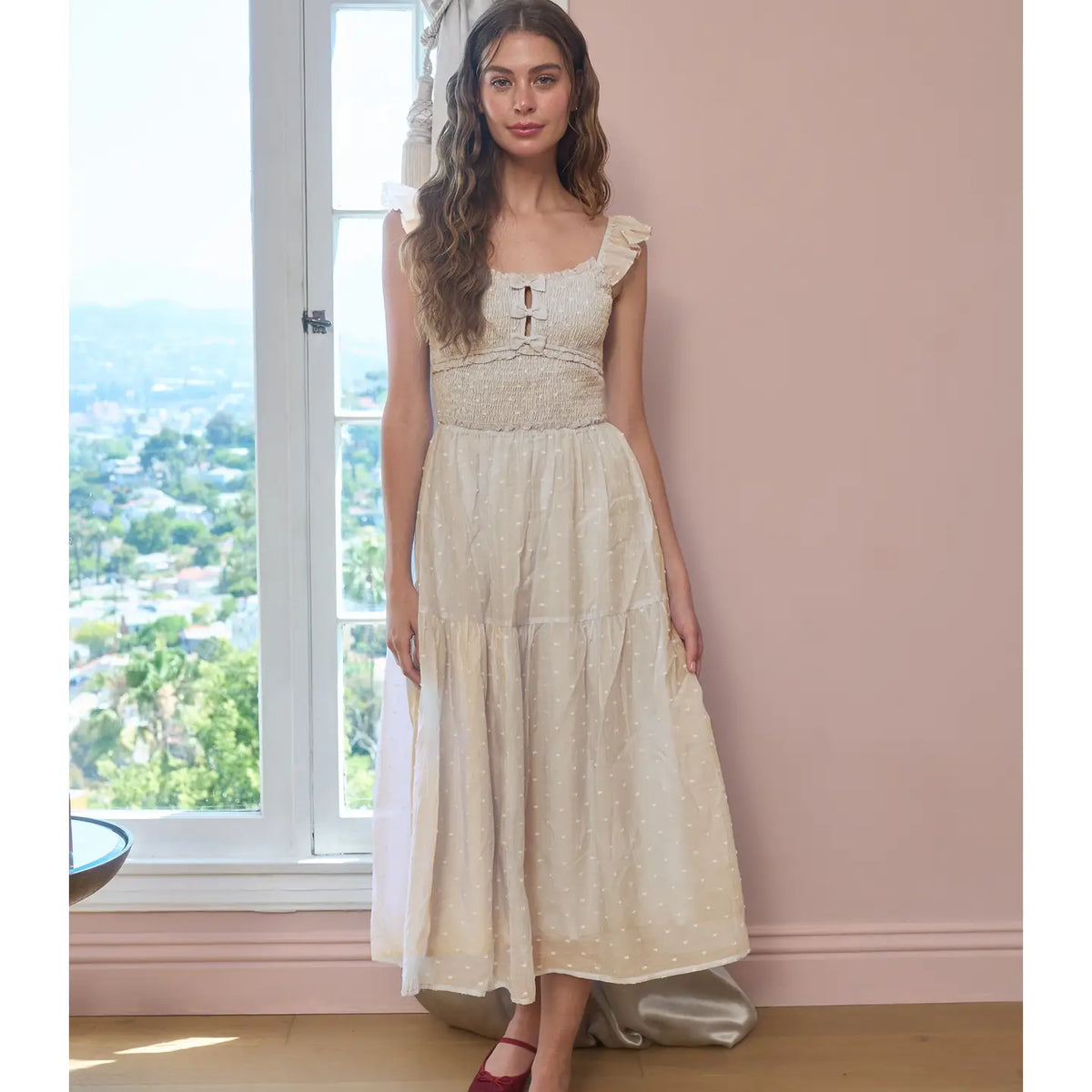 moon river ruffle midi dress Moon River Clip Dot Ruffle Detail Smocked Midi Dress MJ9642