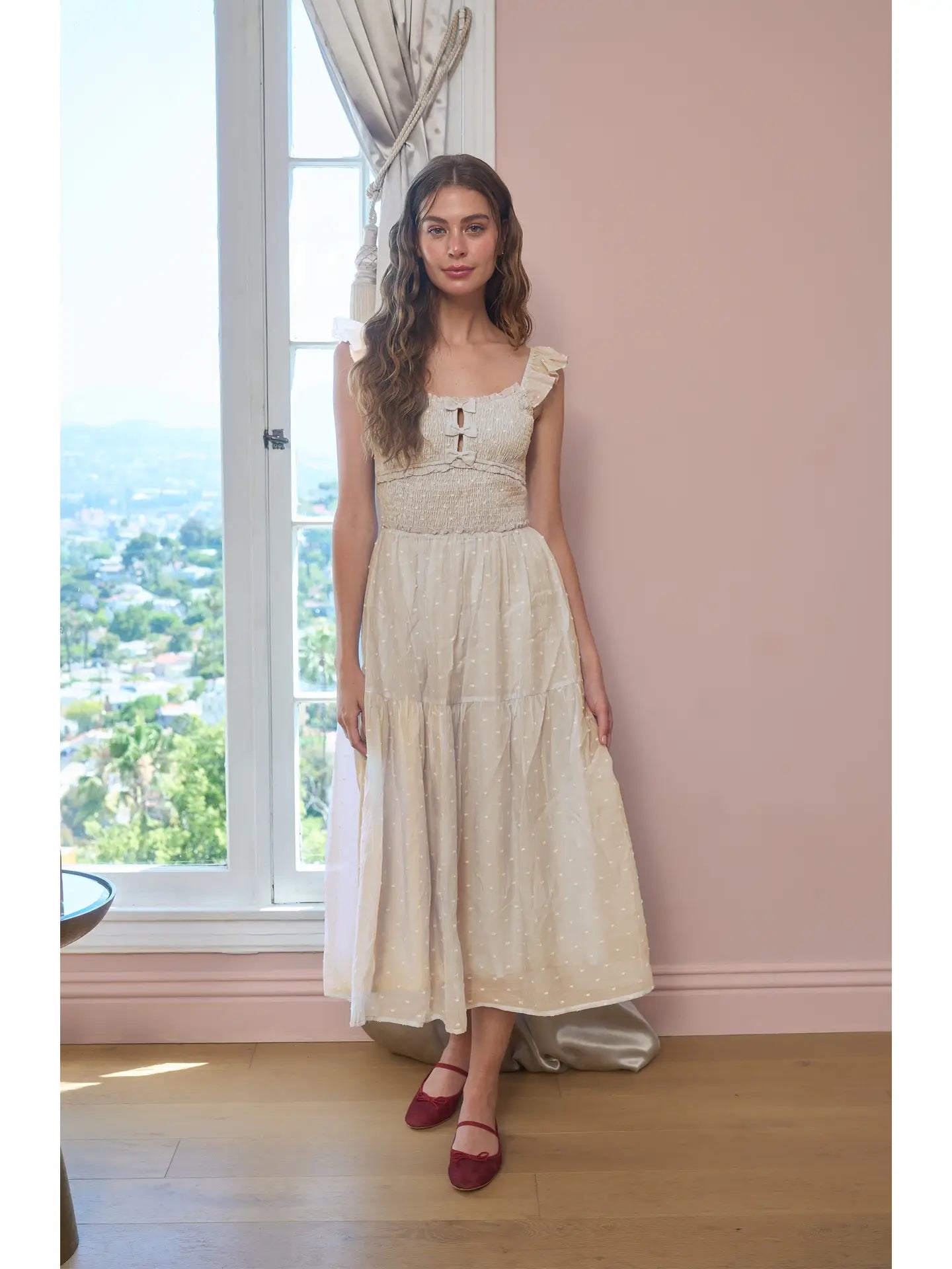 Moon River Clip Dot Ruffle Detail Smocked Midi Dress MJ9642