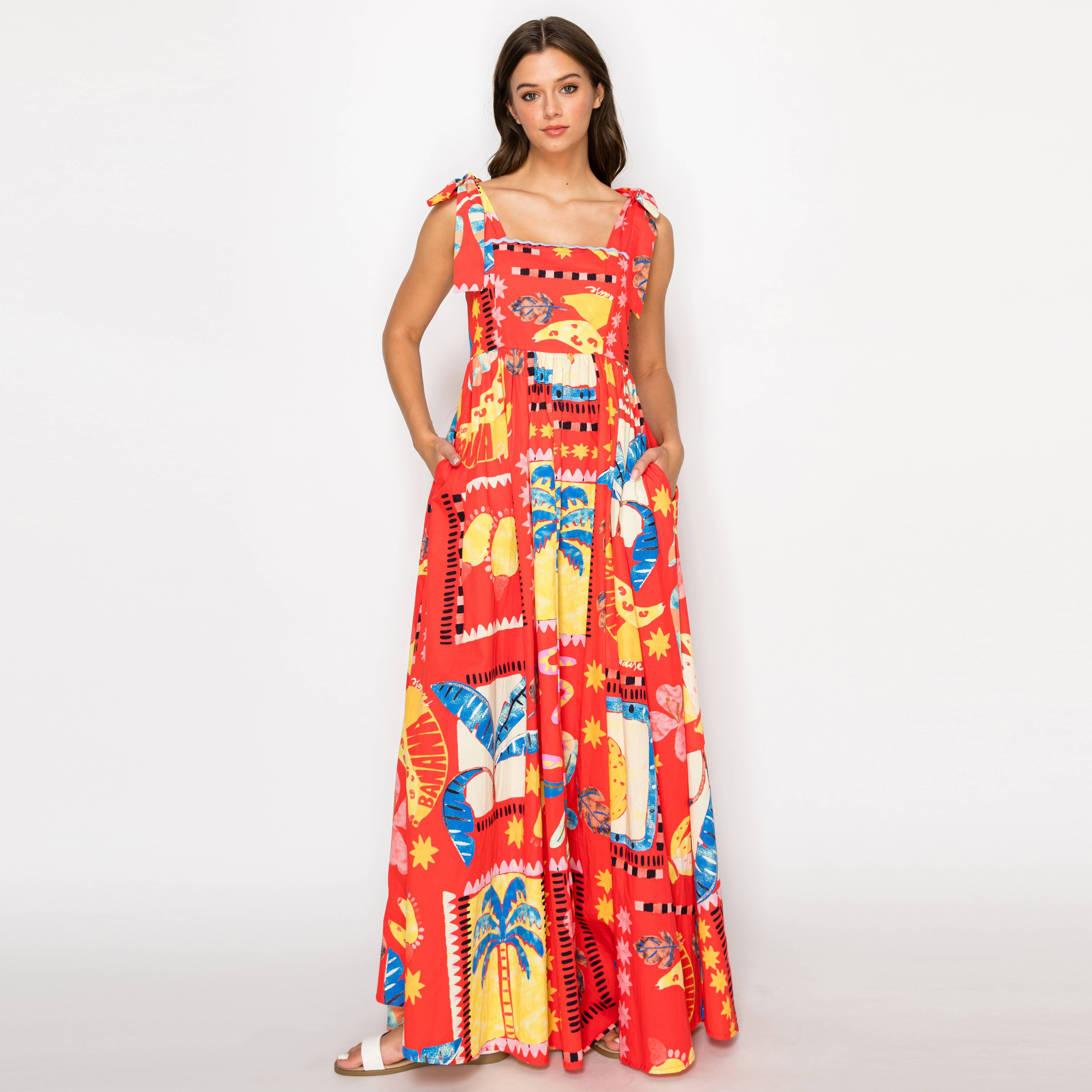 LoveWednesday Retro Red Tropical Maxi Dress