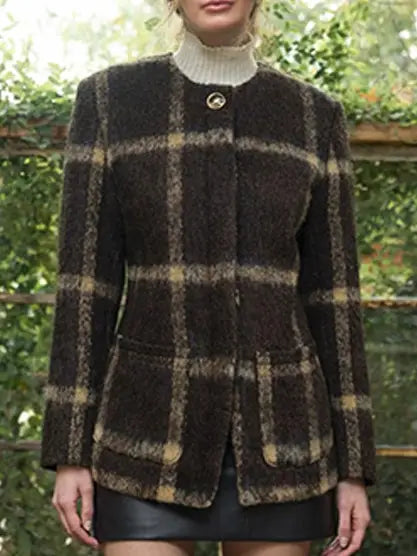 Moon River Plaid Textured Sculpted Round Neck Blazer MS1121