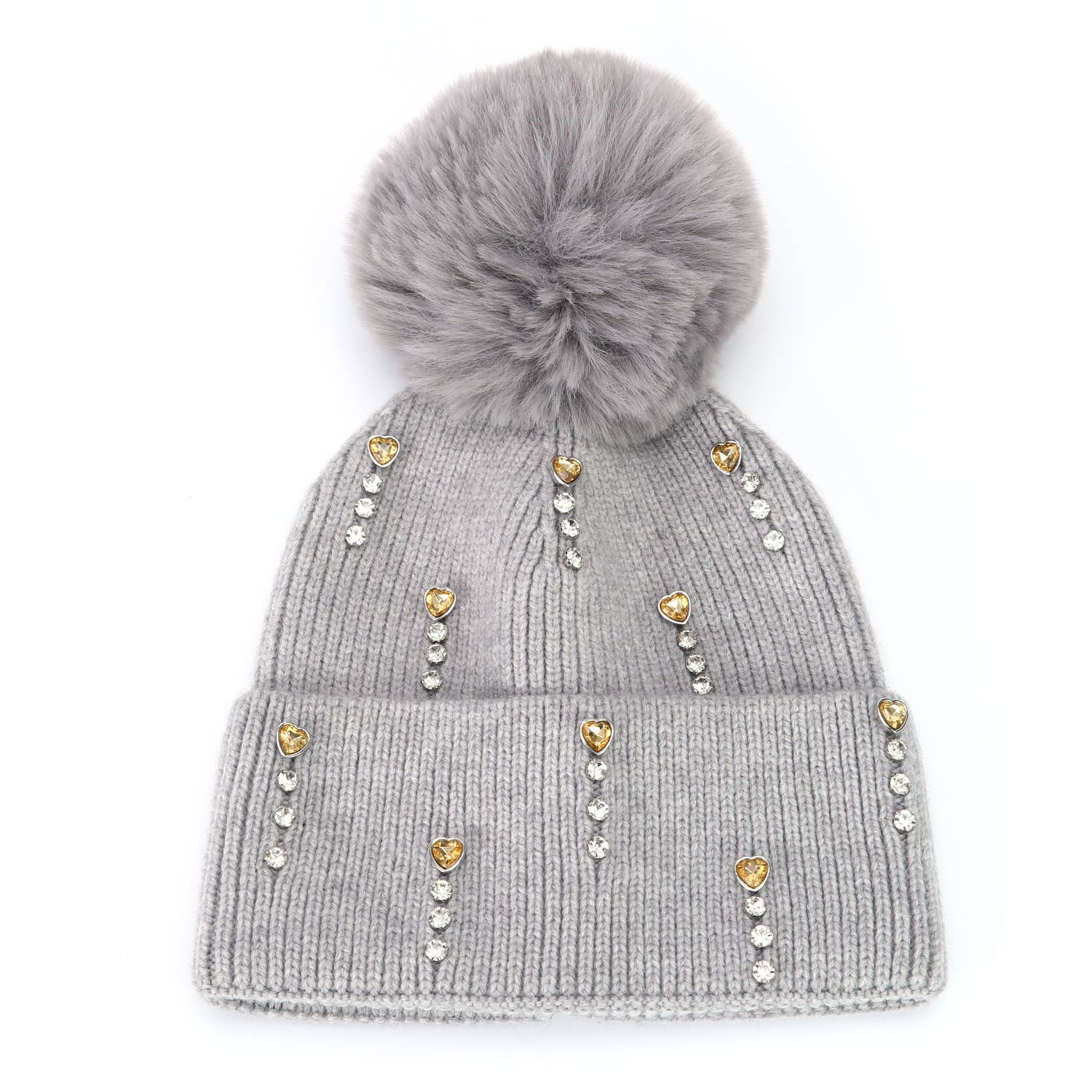 Thames Collection Crystal and Hearts Wool Hat with Faux Pom