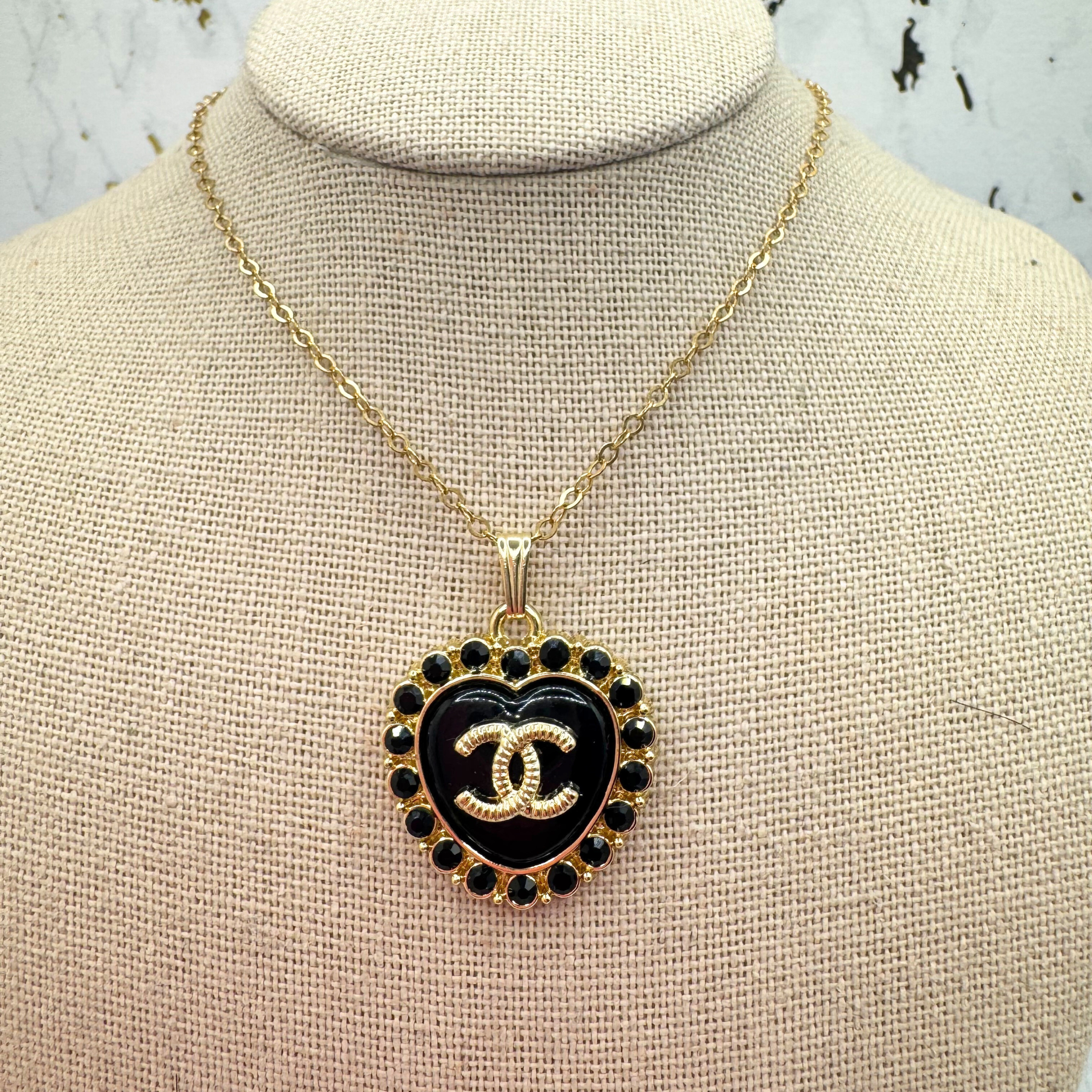 Luxury Upcycled Double "C" Black Heart 14K Gold Filled Necklace 1305