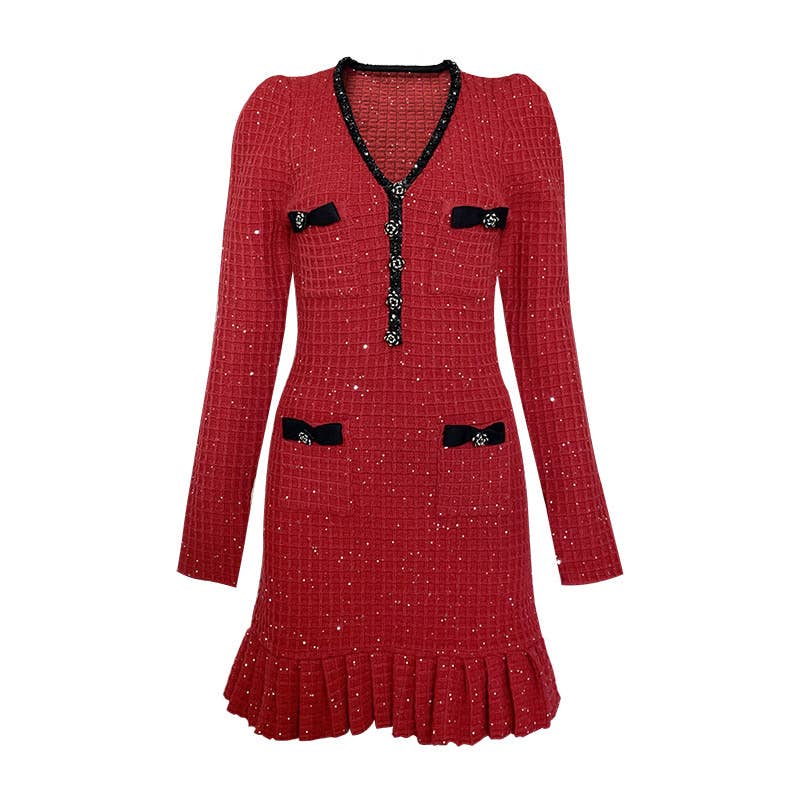 Thames Collection Elegant Bowknot V-Neck Knit Dress