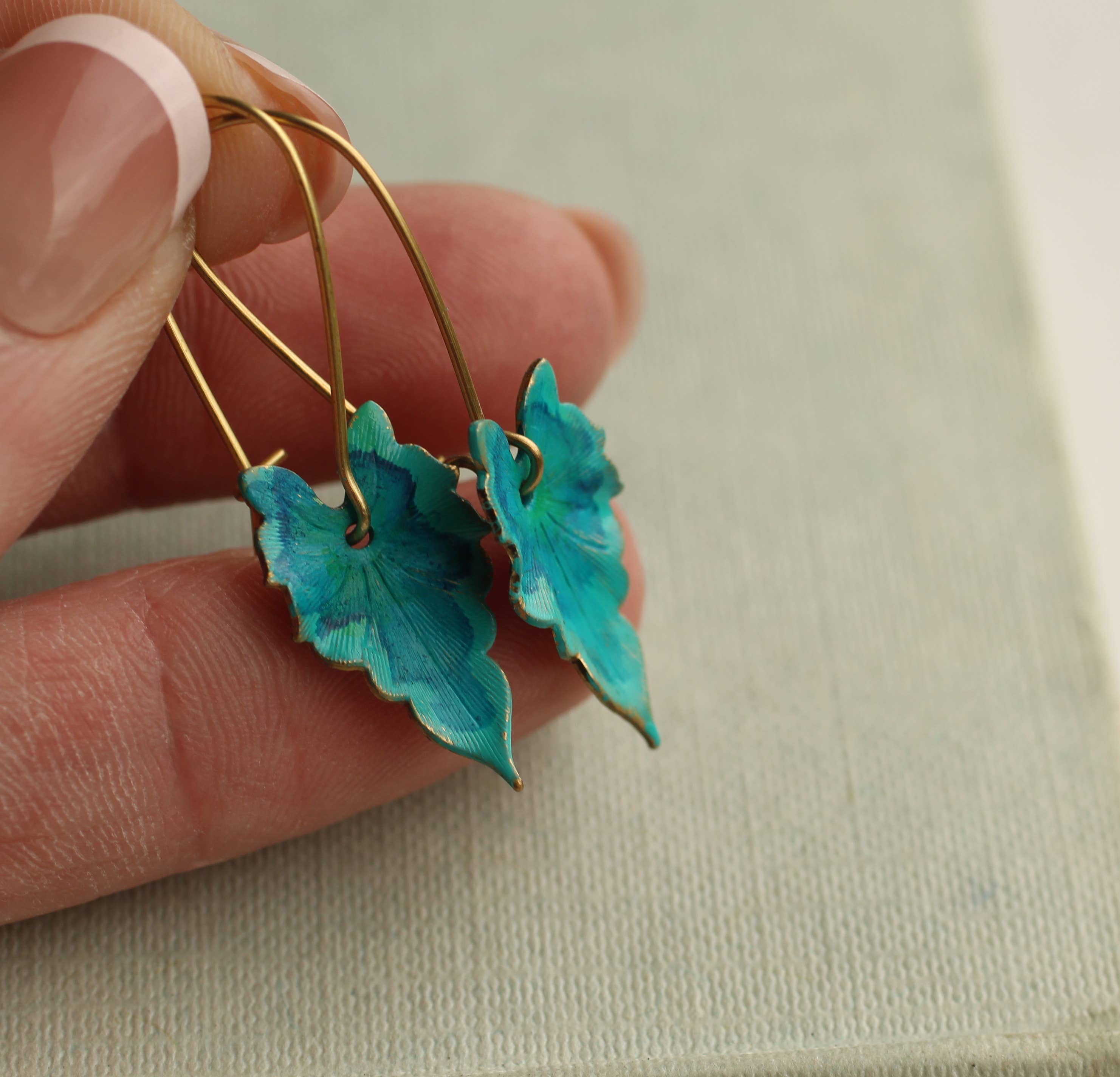 Silk Purse, Sow’s Ear Verdigris Jaggy Leaf Turquoise Green Earrings