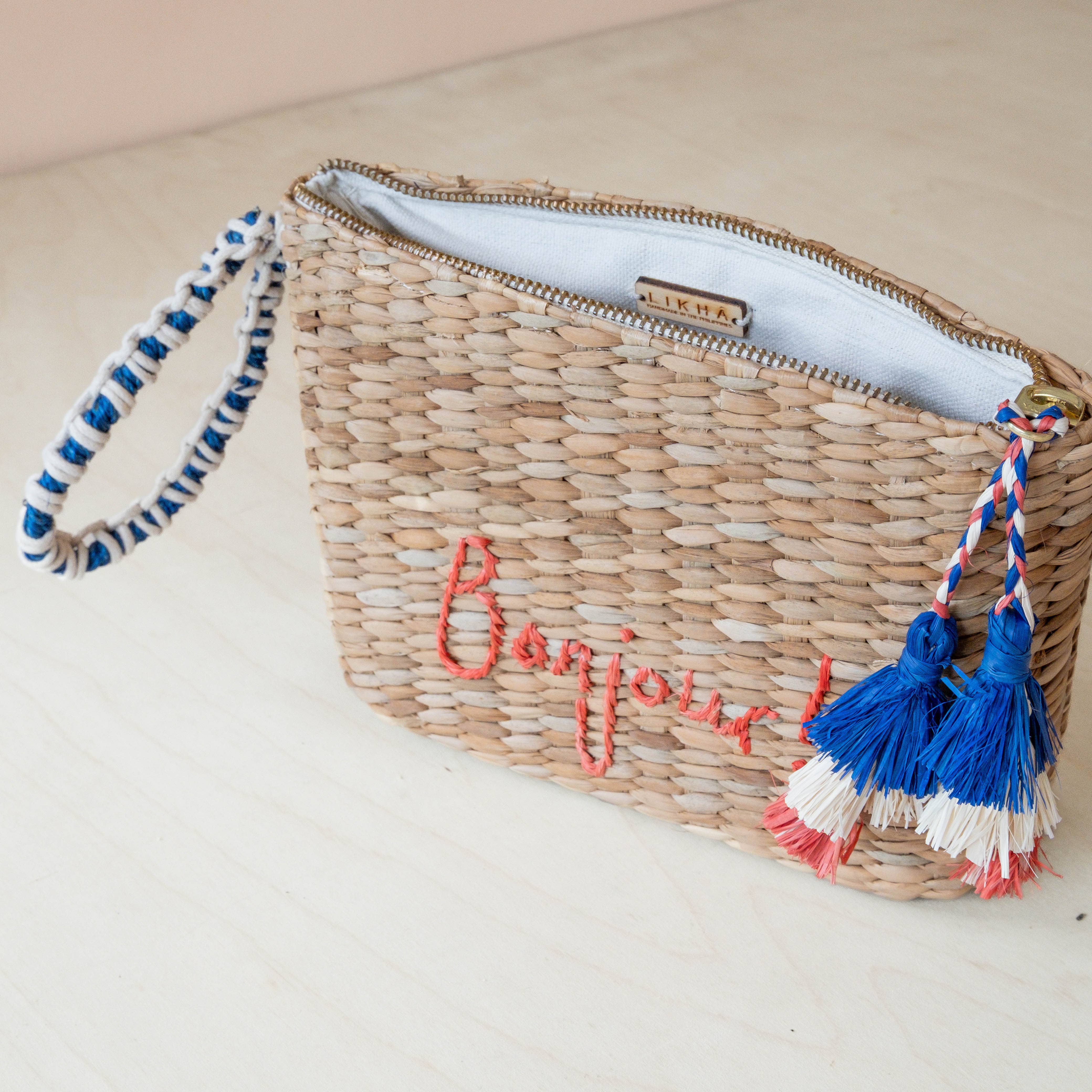 Mini Woven Pouch with Wristlet and Embroidered Bonjour – Handwoven Wristlet | LIKHÂ