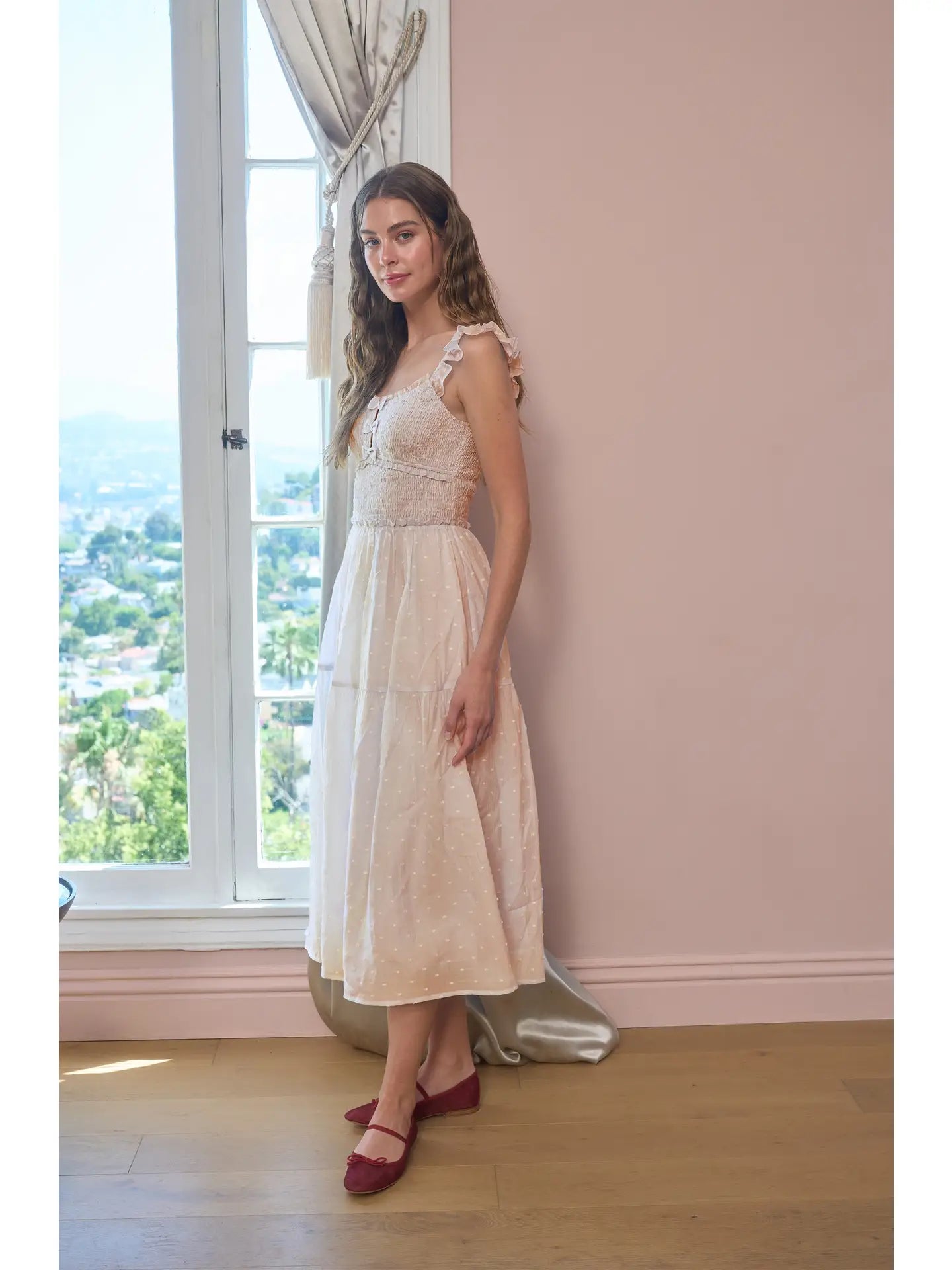 Moon River Clip Dot Ruffle Detail Smocked Midi Dress MJ9642