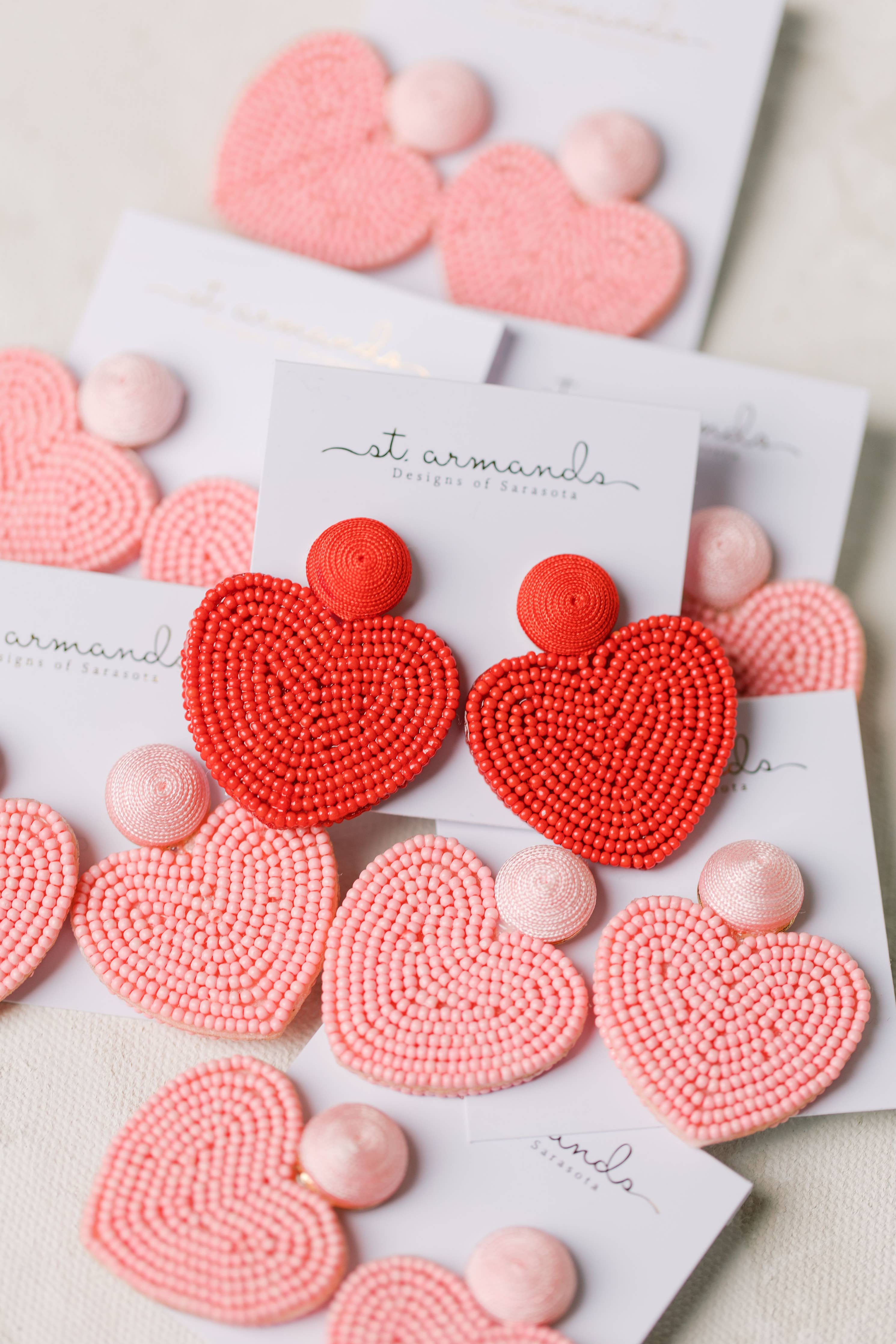 Red Valentines Day Holiday Beaded Heart Statement Earrings