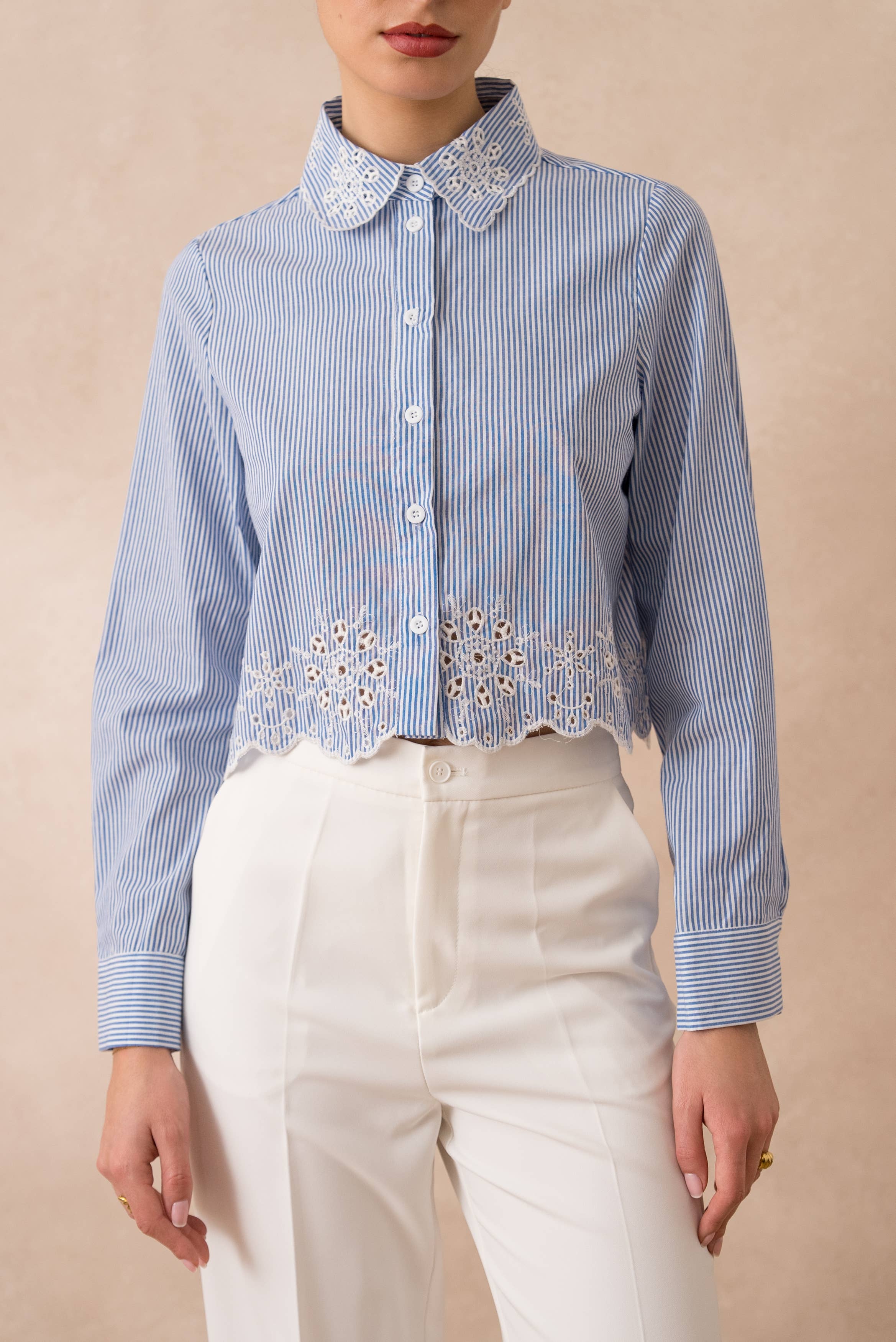 European Collection - Striped & Eyelet Cropped Shirt