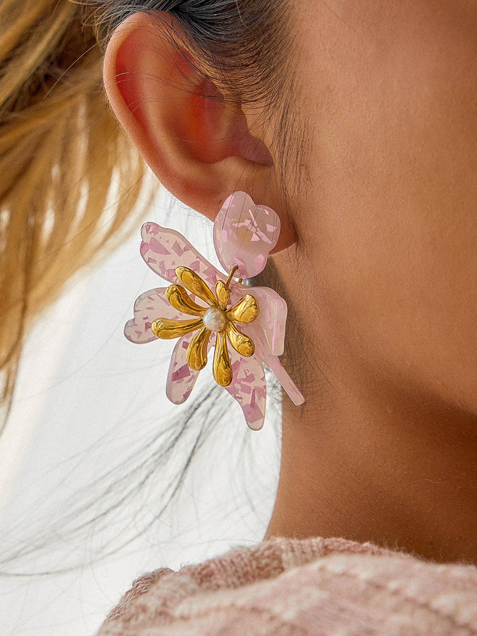 Flânerie Oona 18K Gold Non-Tarnish Pink Floral Statement Earrings