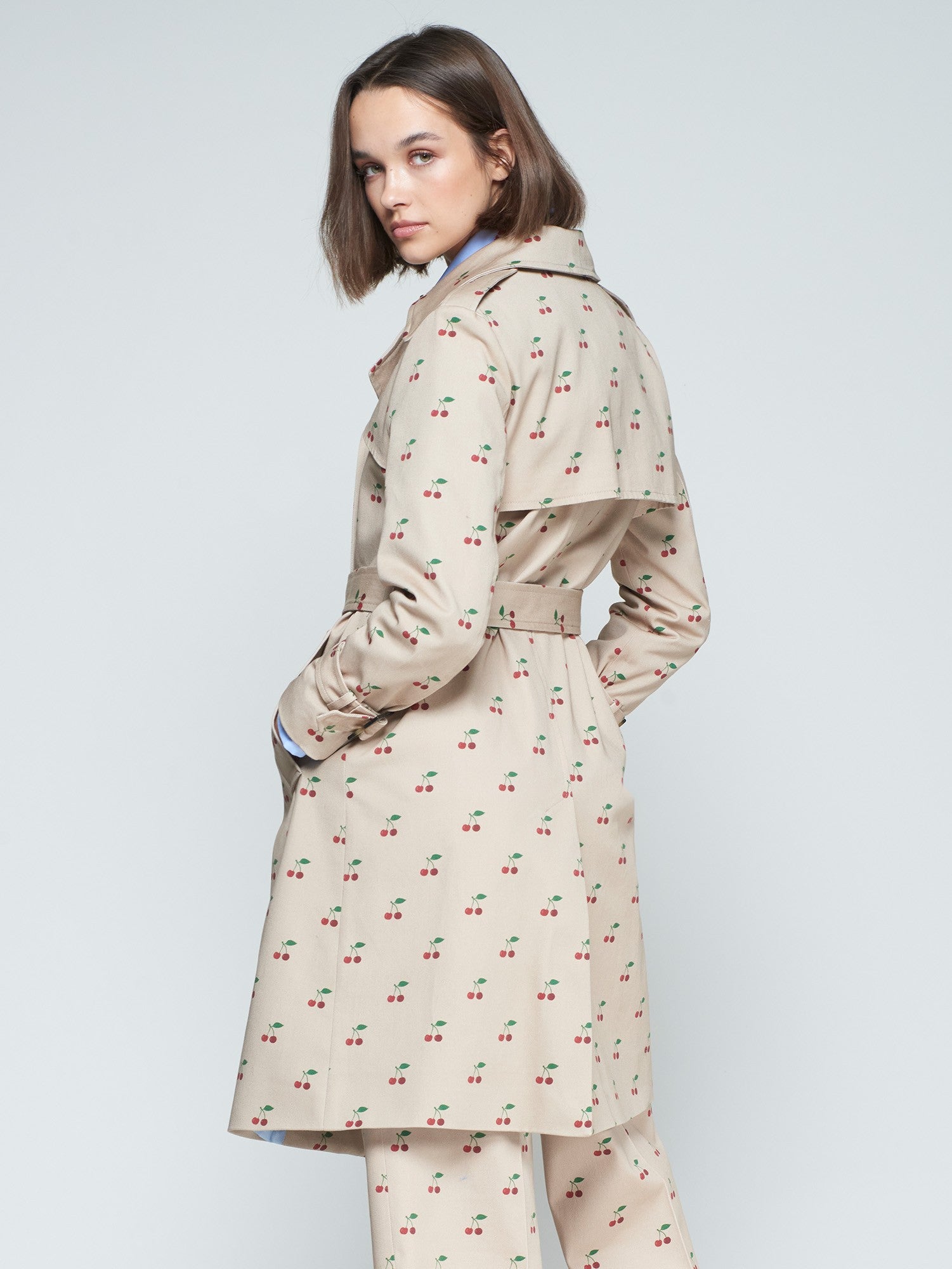 Vilagallo Beige Trench Coat with Cherry Print 32960