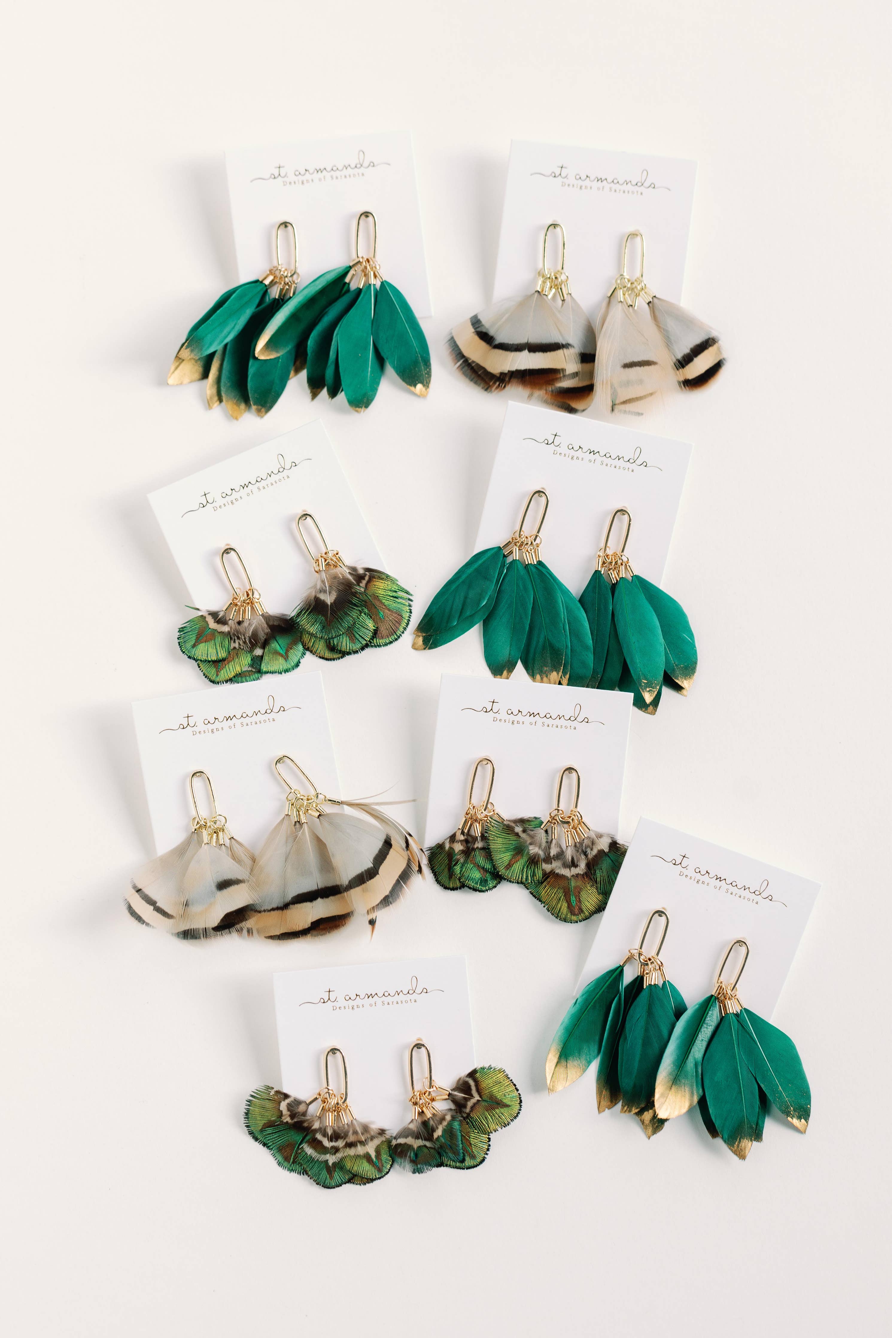 St. Armands Emerald Gold Dipped Feather Tassel Statement Earrings SAD228