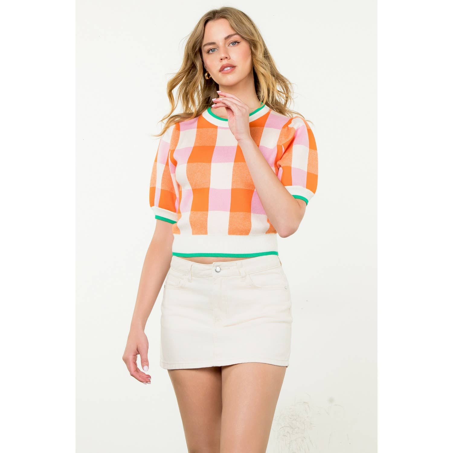 THML Short Sleeve Checkered Knit Top