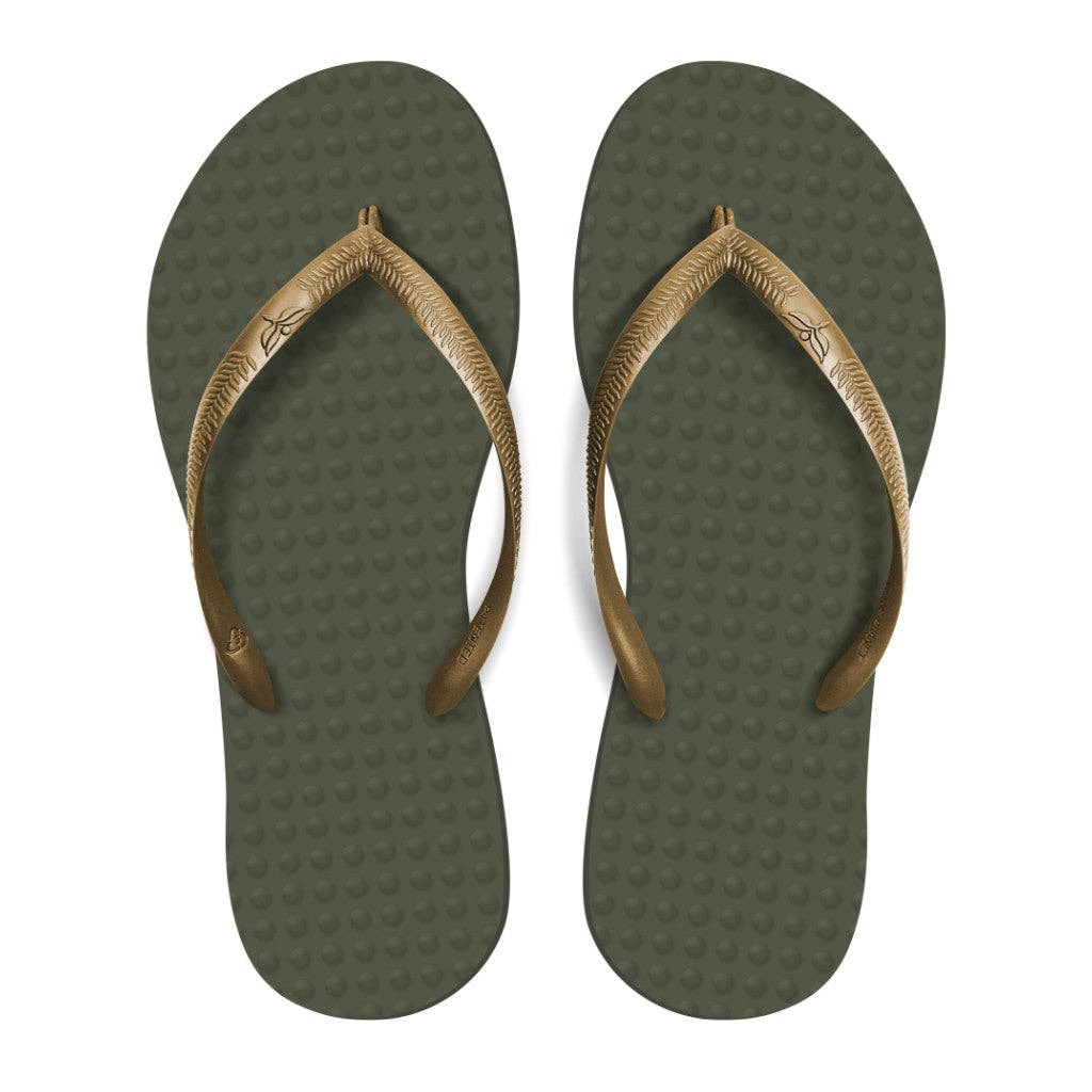 Green Sustainable Flip Flops Military Green with Golden Straps