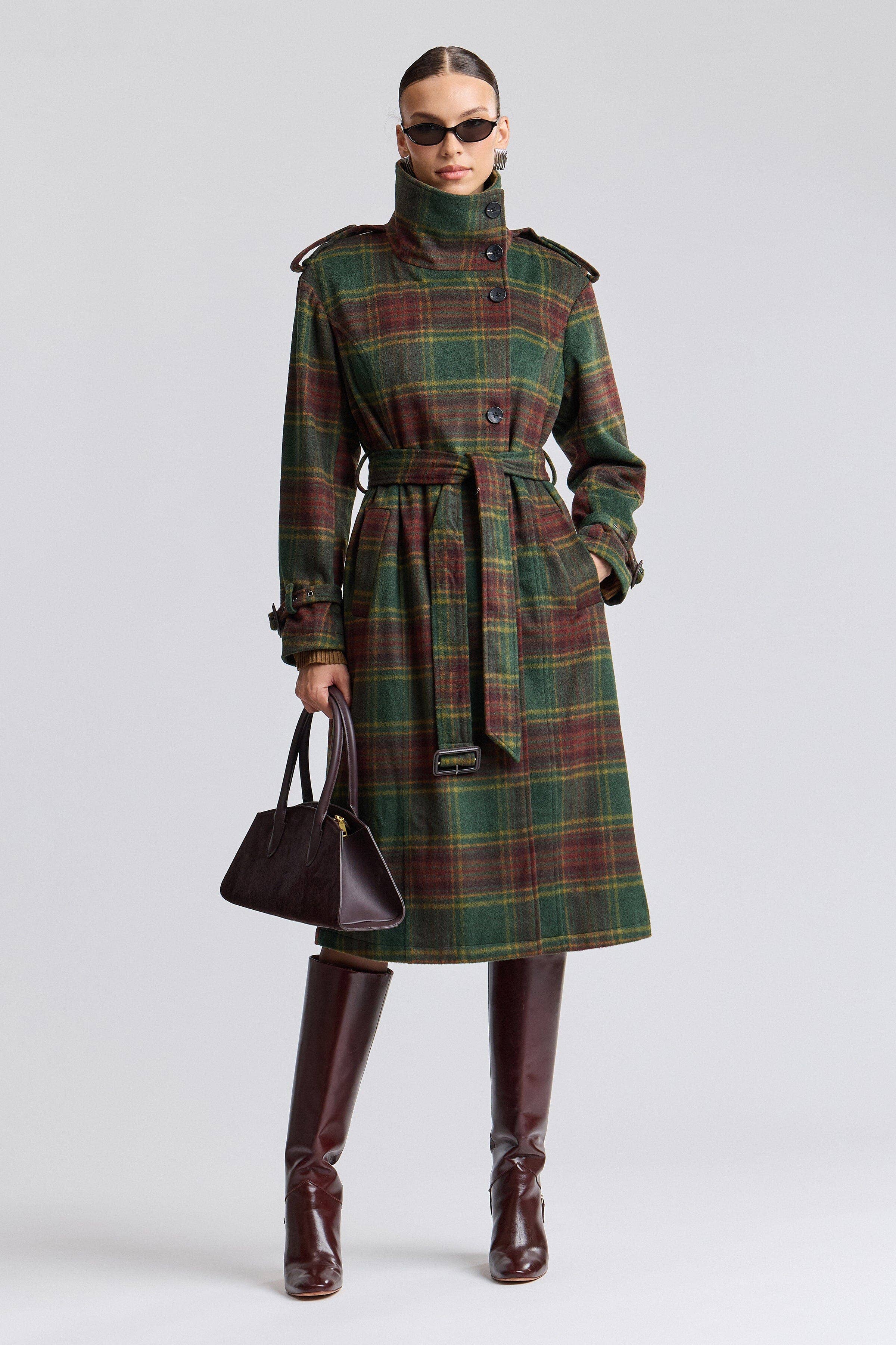 Avec Les Filles Plaid Faux Wool Utility Trench Coat 86476