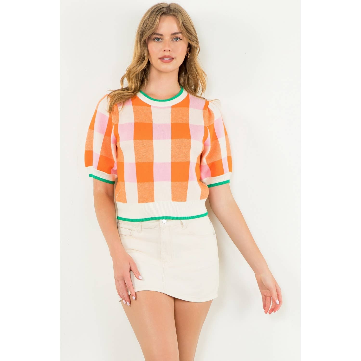 THML Short Sleeve Checkered Knit Top