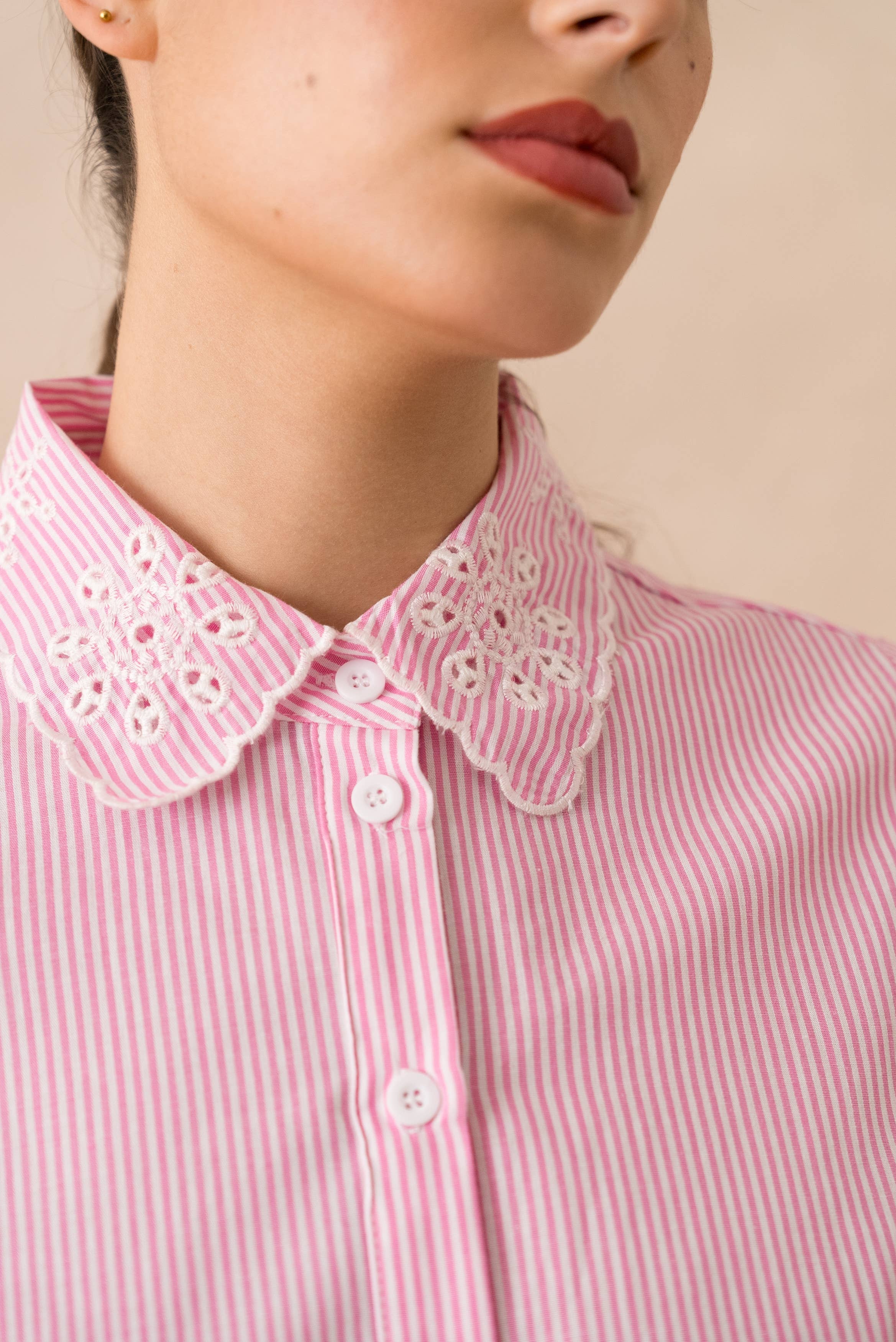 European Collection - Striped & Eyelet Cropped Shirt