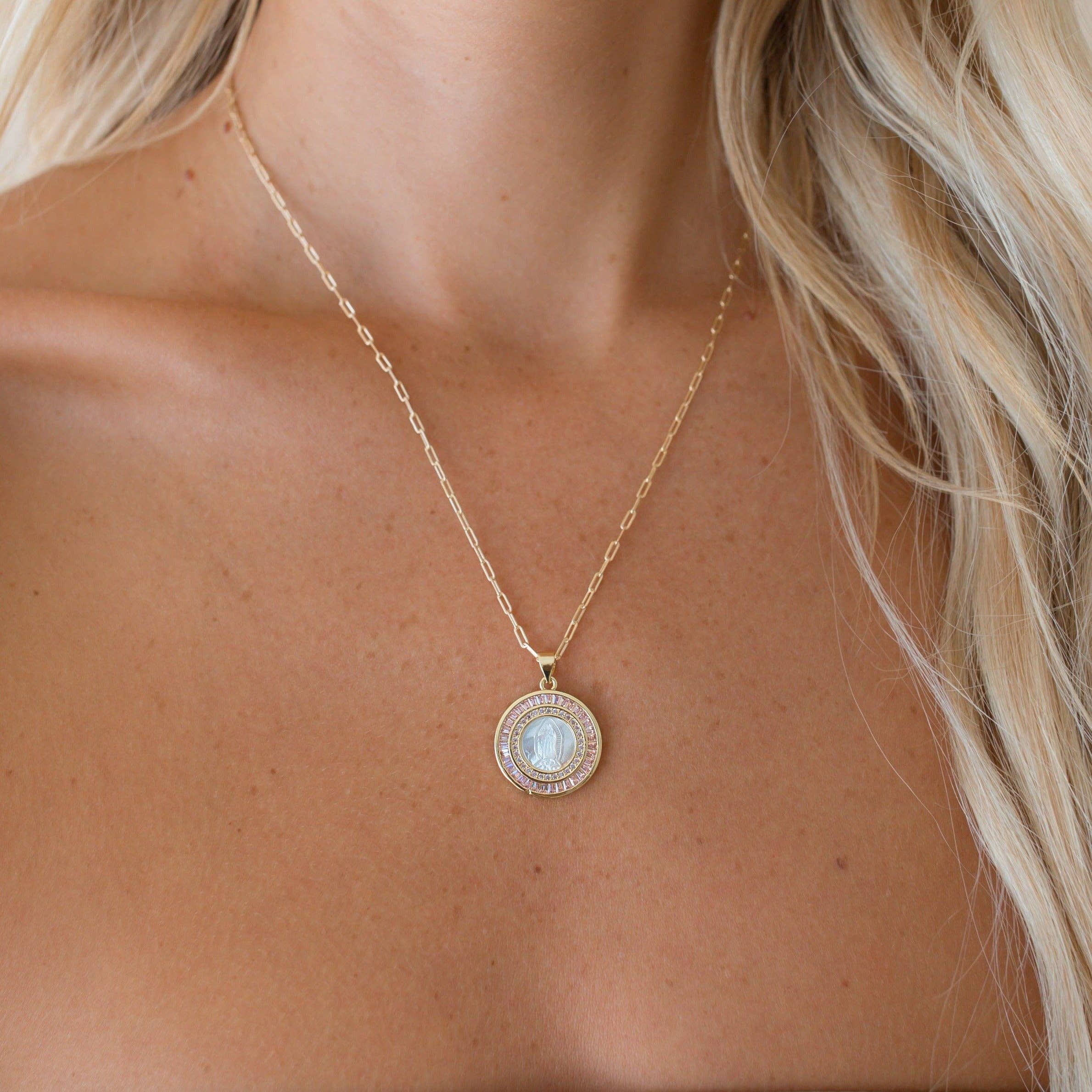 Joy Dravecky Bordered Pink Mother Mary Necklace