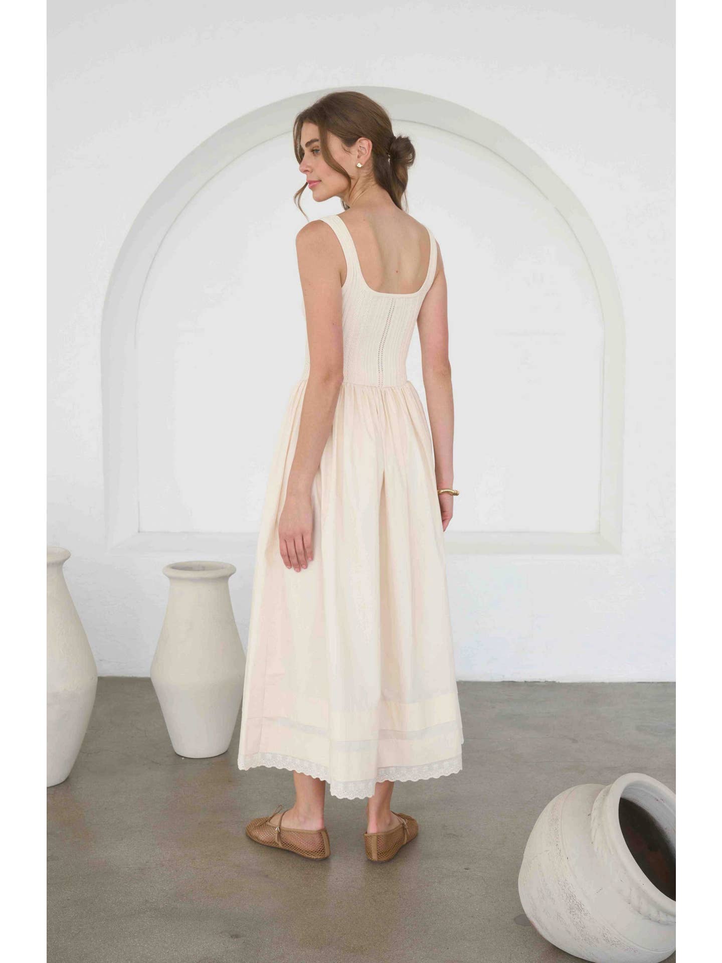 Moon River Pointelle Knit Sleeveless Mixed Media Midi Dress MR9763