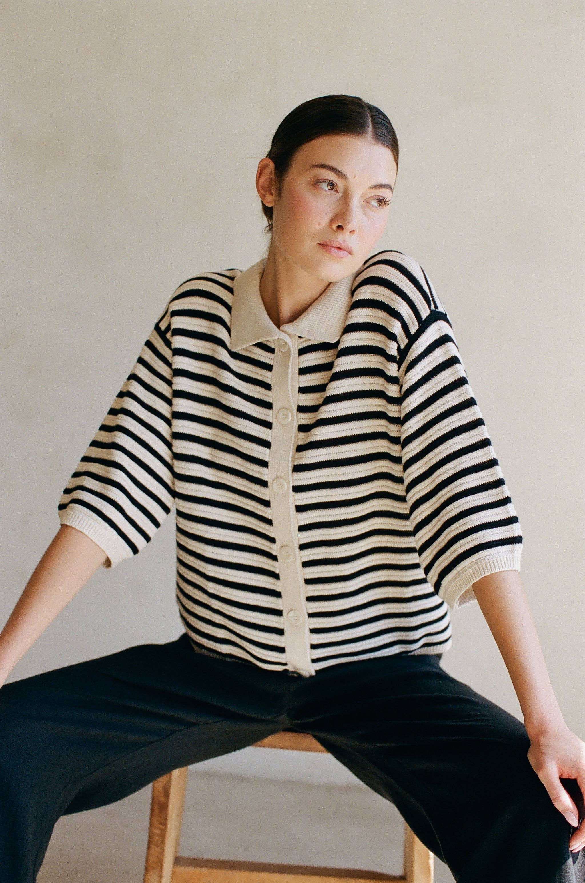 a.ren | Knit Striped Button Up Cardigan Top AW1057