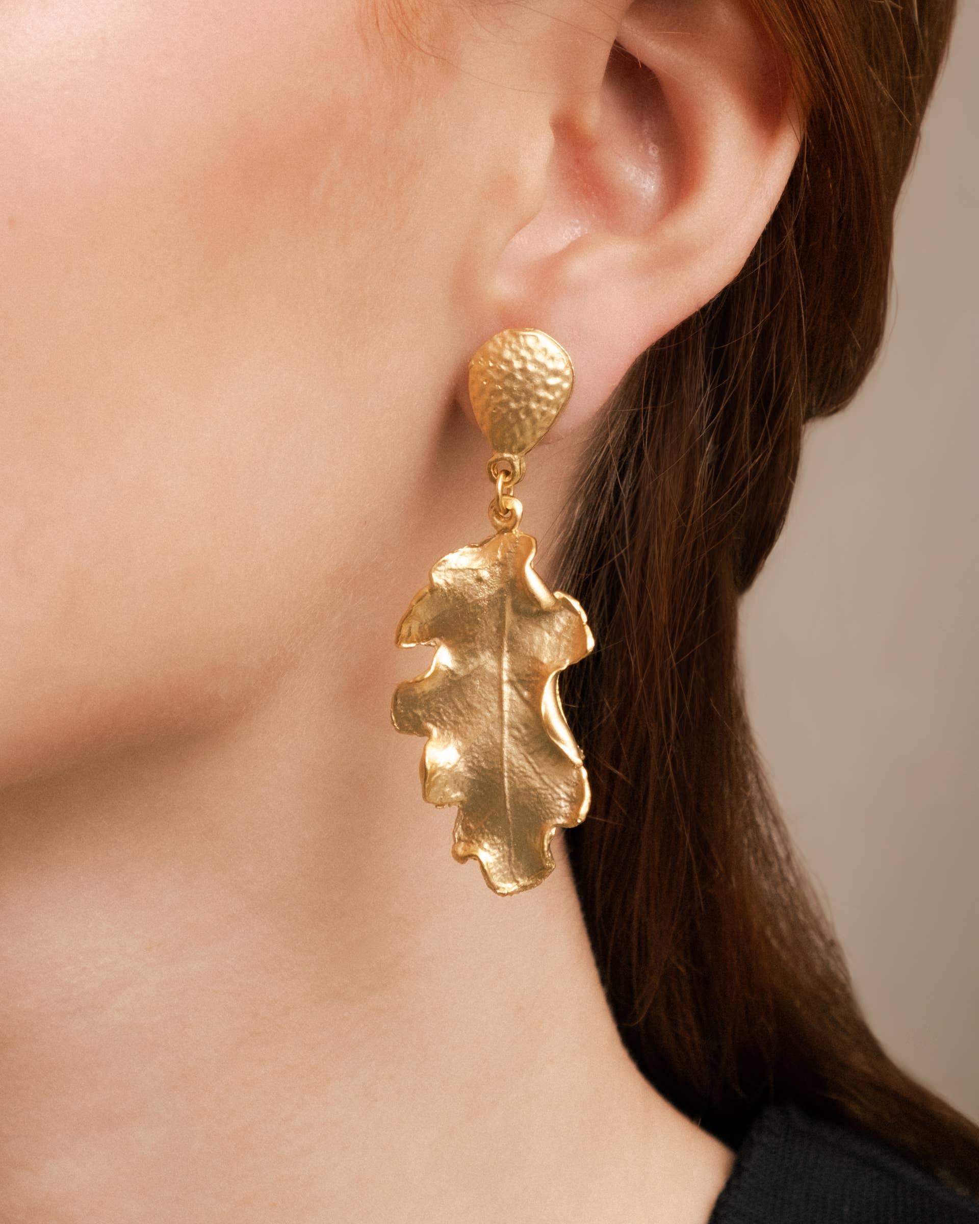 Sarka + Cleo Brushed Gold Statement Tear Drop Leaf Earrings