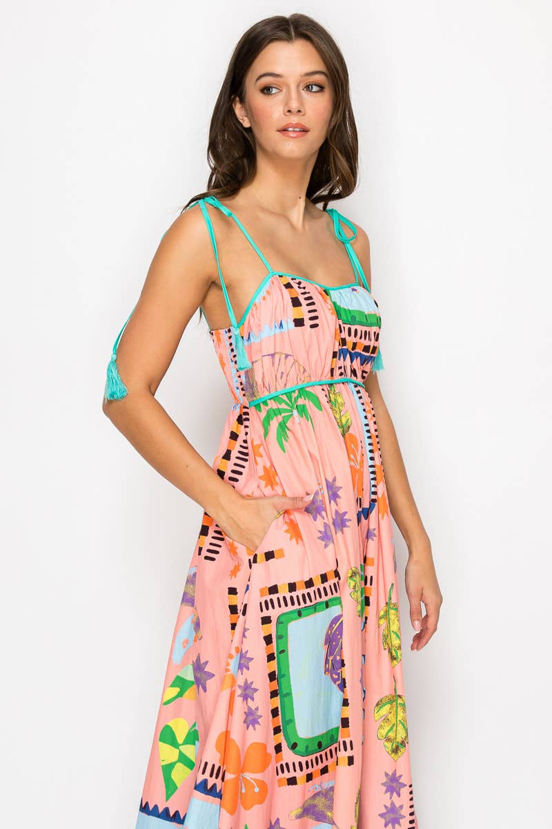 LoveWednesday Coral Retro Tropical Print Cotton Maxi Dress