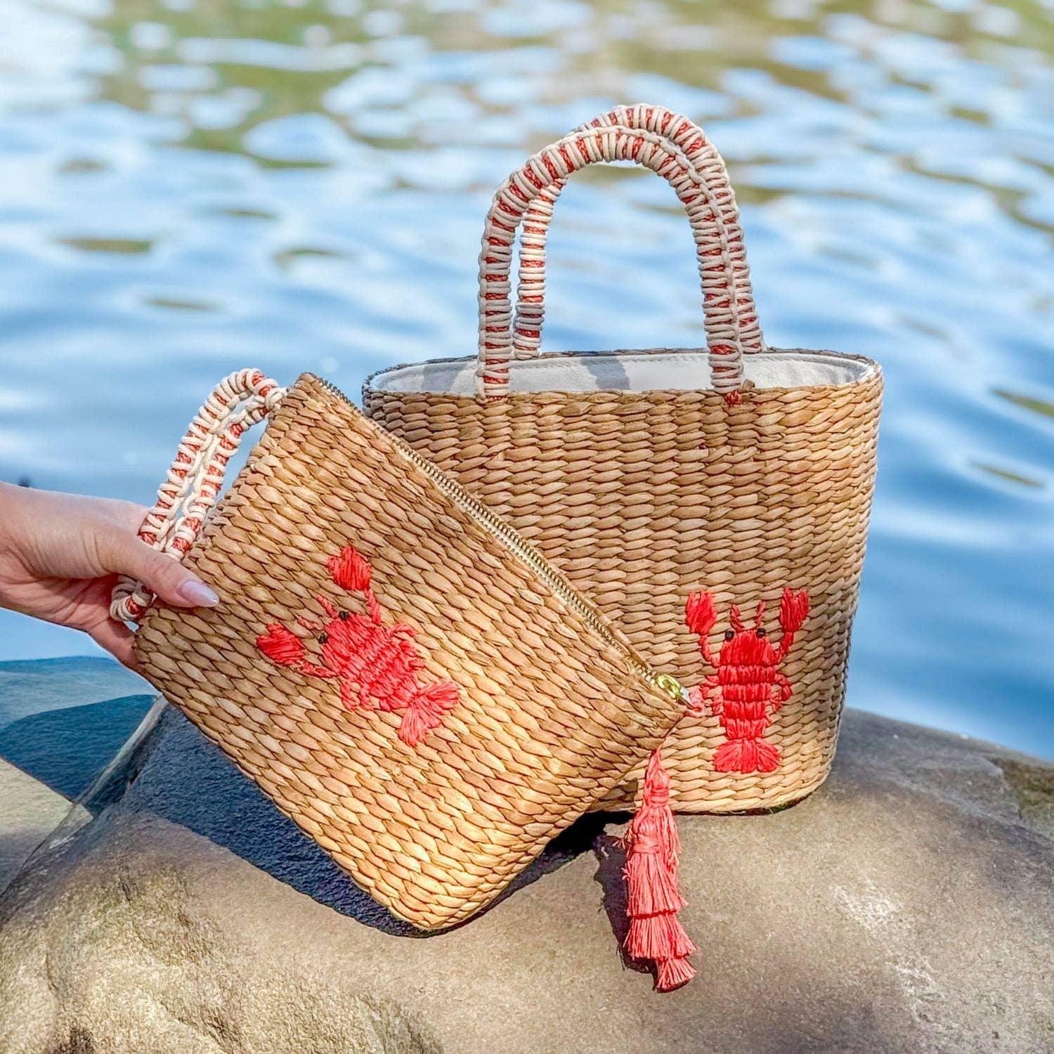 Mini Woven Pouch with Wristlet and Embroidered Lobster – Artisan Wristlet | LIKHÂ