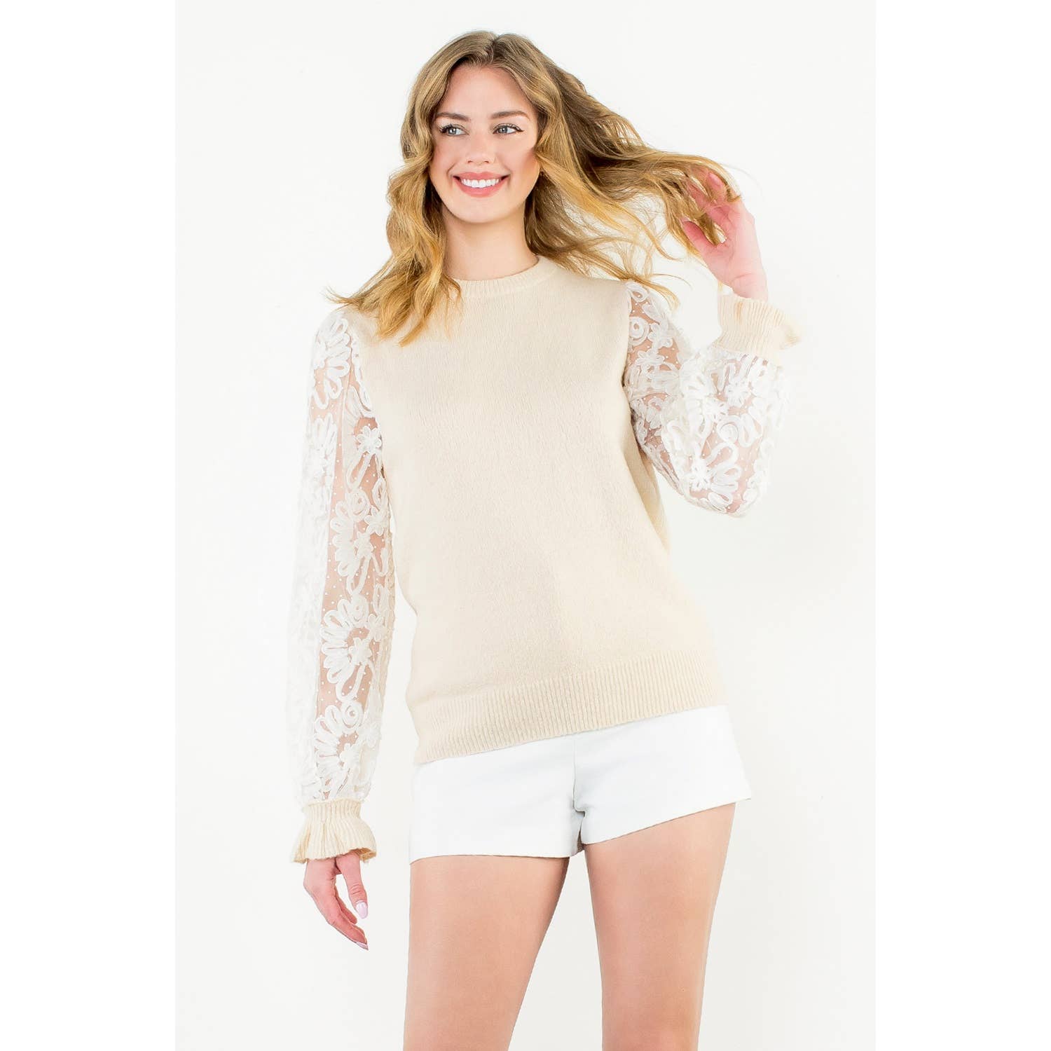 THML Floral Mesh Sleeve Knit Top