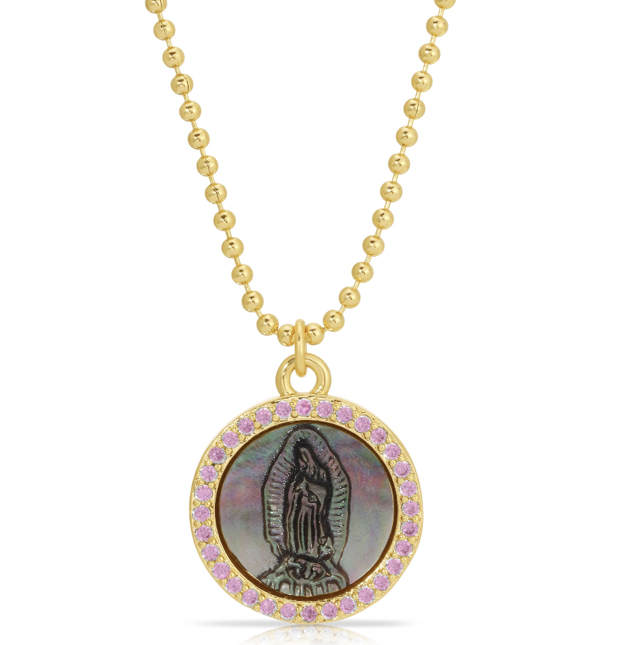 Joy Dravecky Petite Mother Mary Black Pearl Pink Necklace