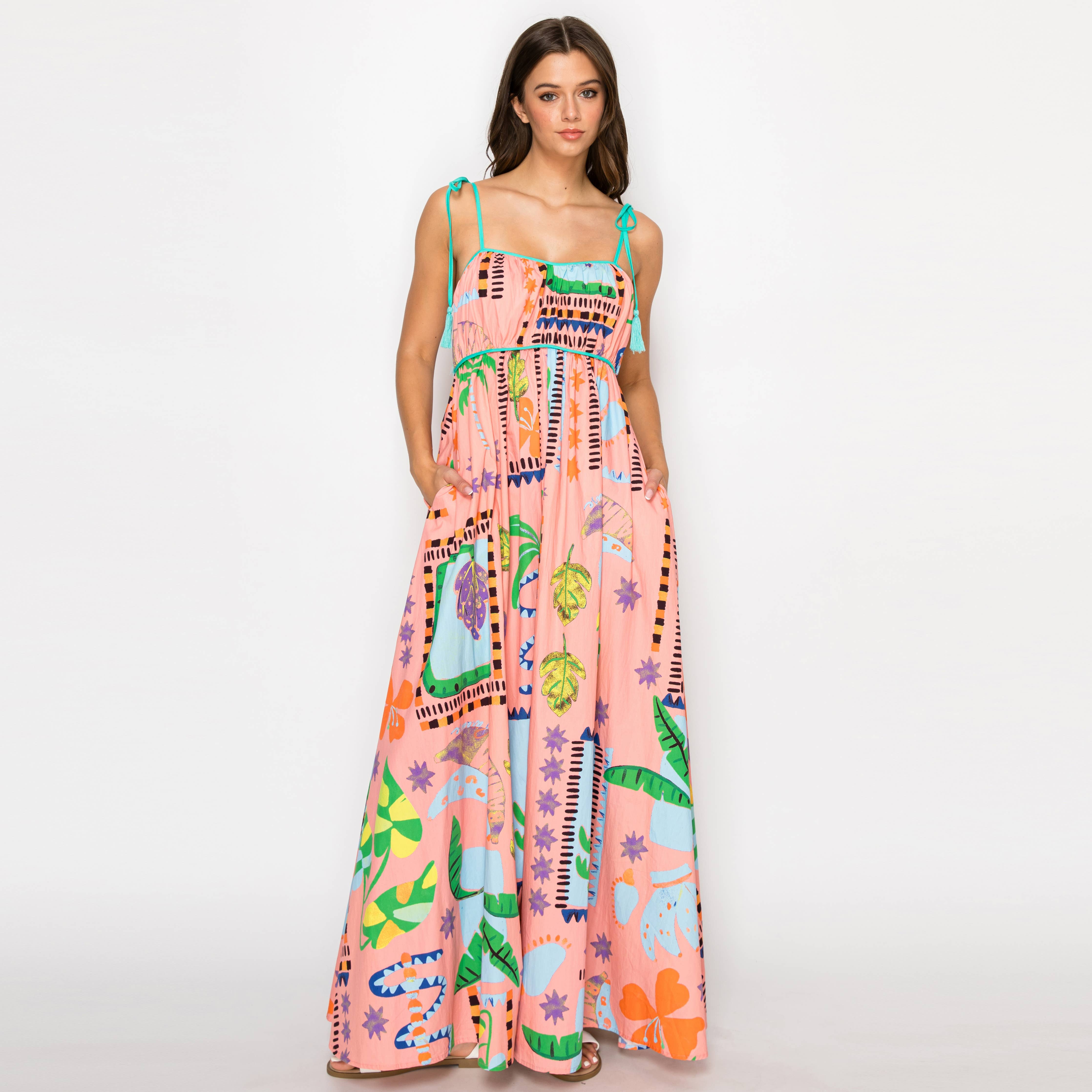 LoveWednesday Coral Retro Tropical Print Cotton Maxi Dress