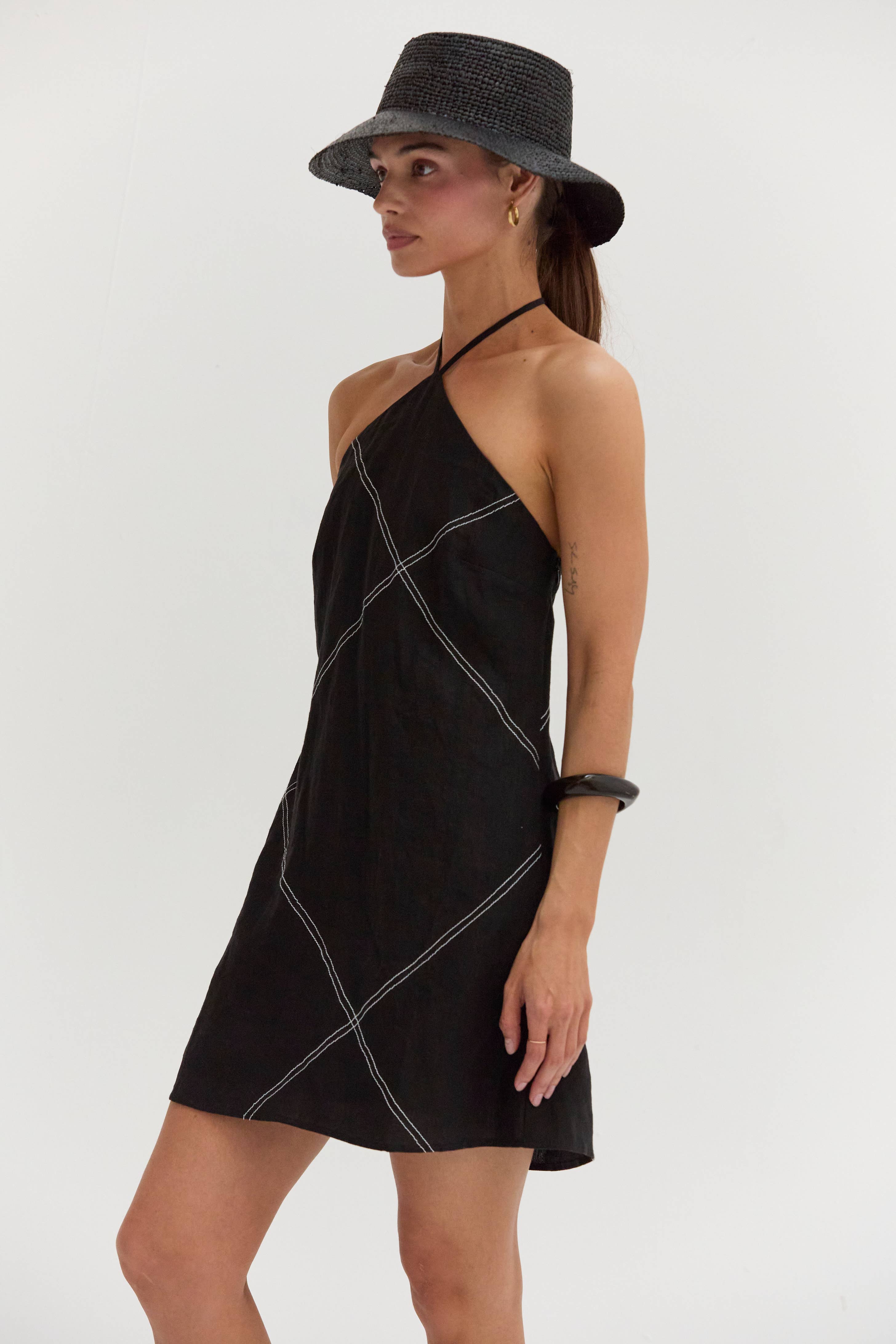 Crescent Lena Linen Contrast Stitch Halter Mini Dress CD9770