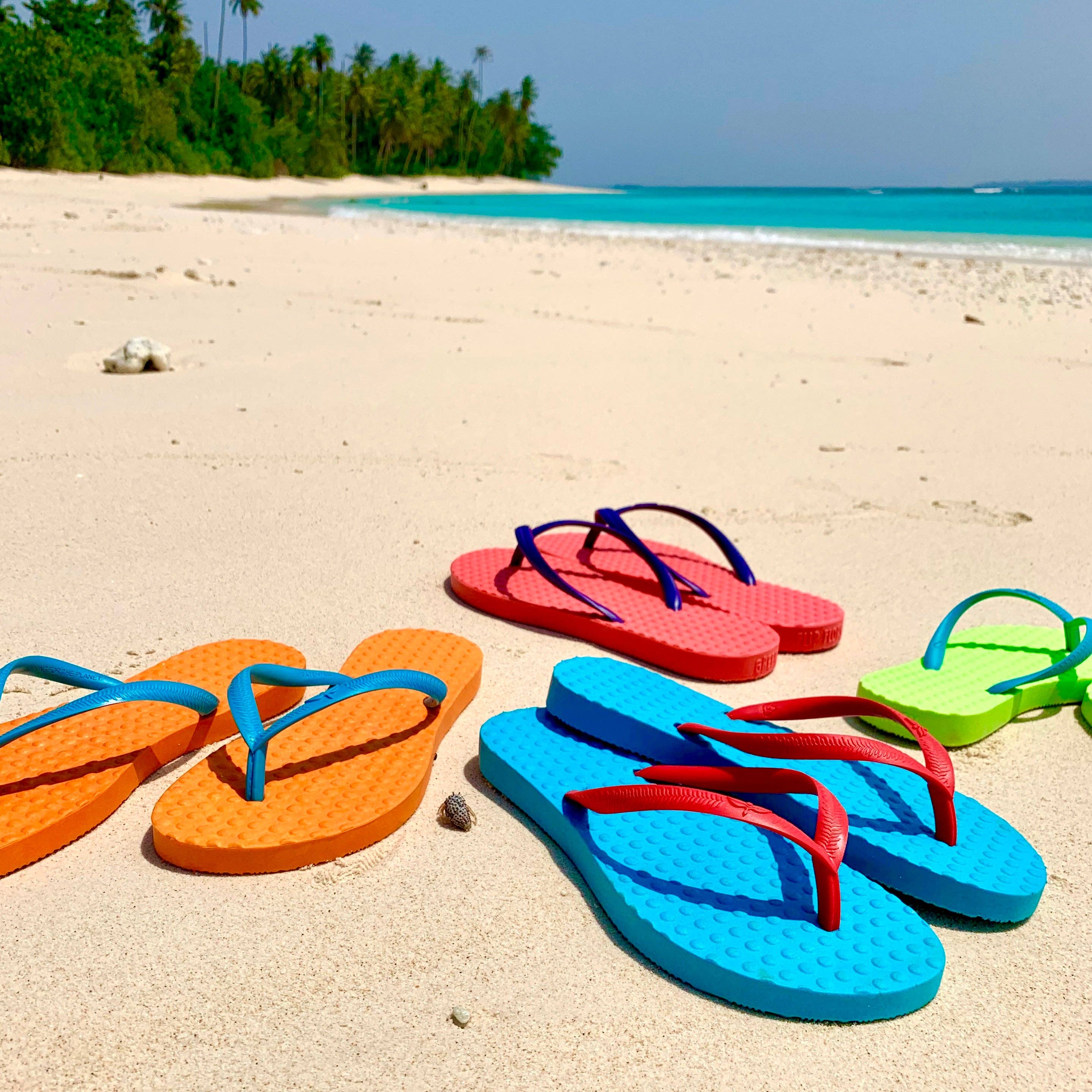 Green Sustainable Flip Flops Turquoise with Watermelon Straps