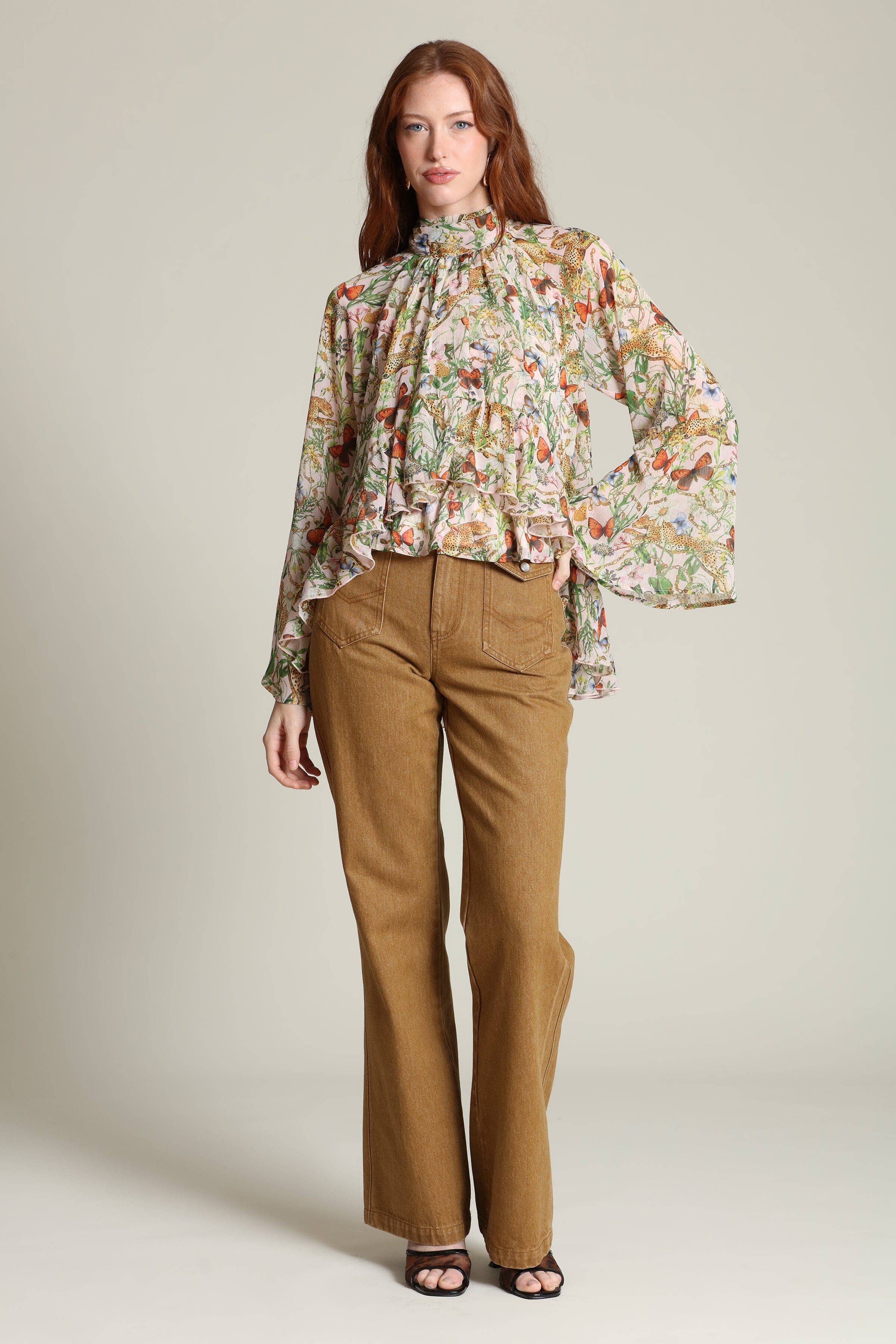 Avec Les Filles Botanical Print Chiffon Ruffle Blouse
