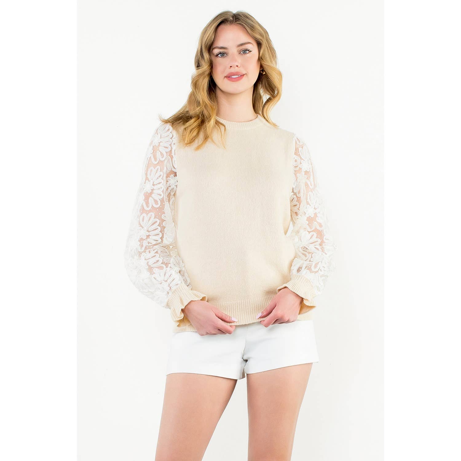 THML Floral Mesh Sleeve Knit Top