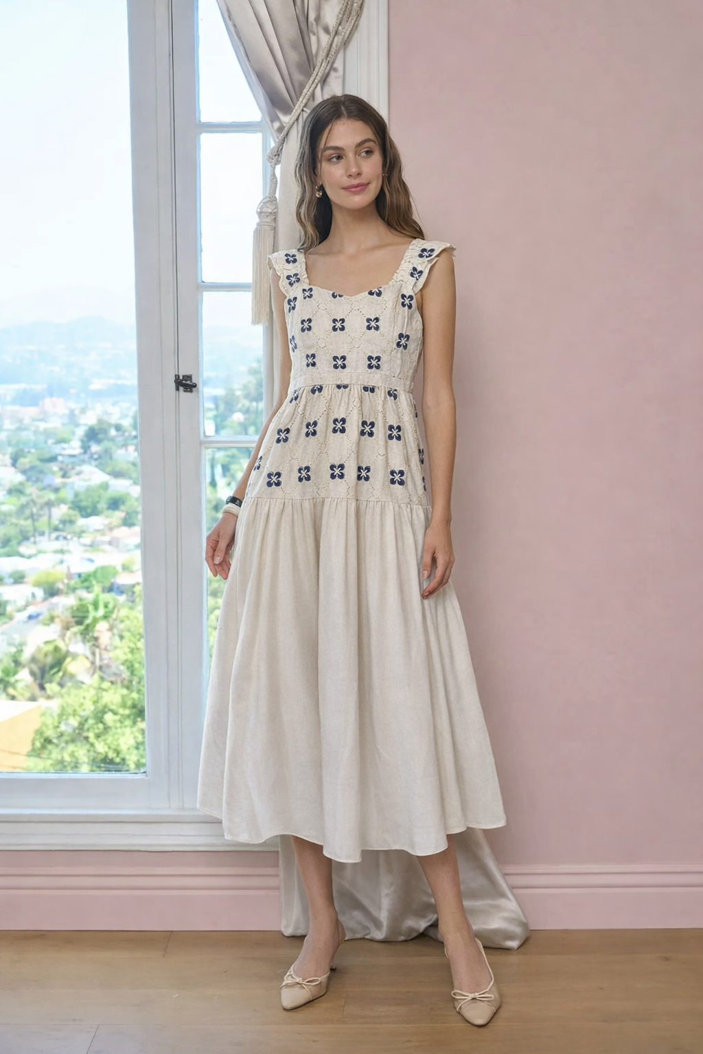 Moon River Strap Ruffle Sleeve Midi Dress MR9647