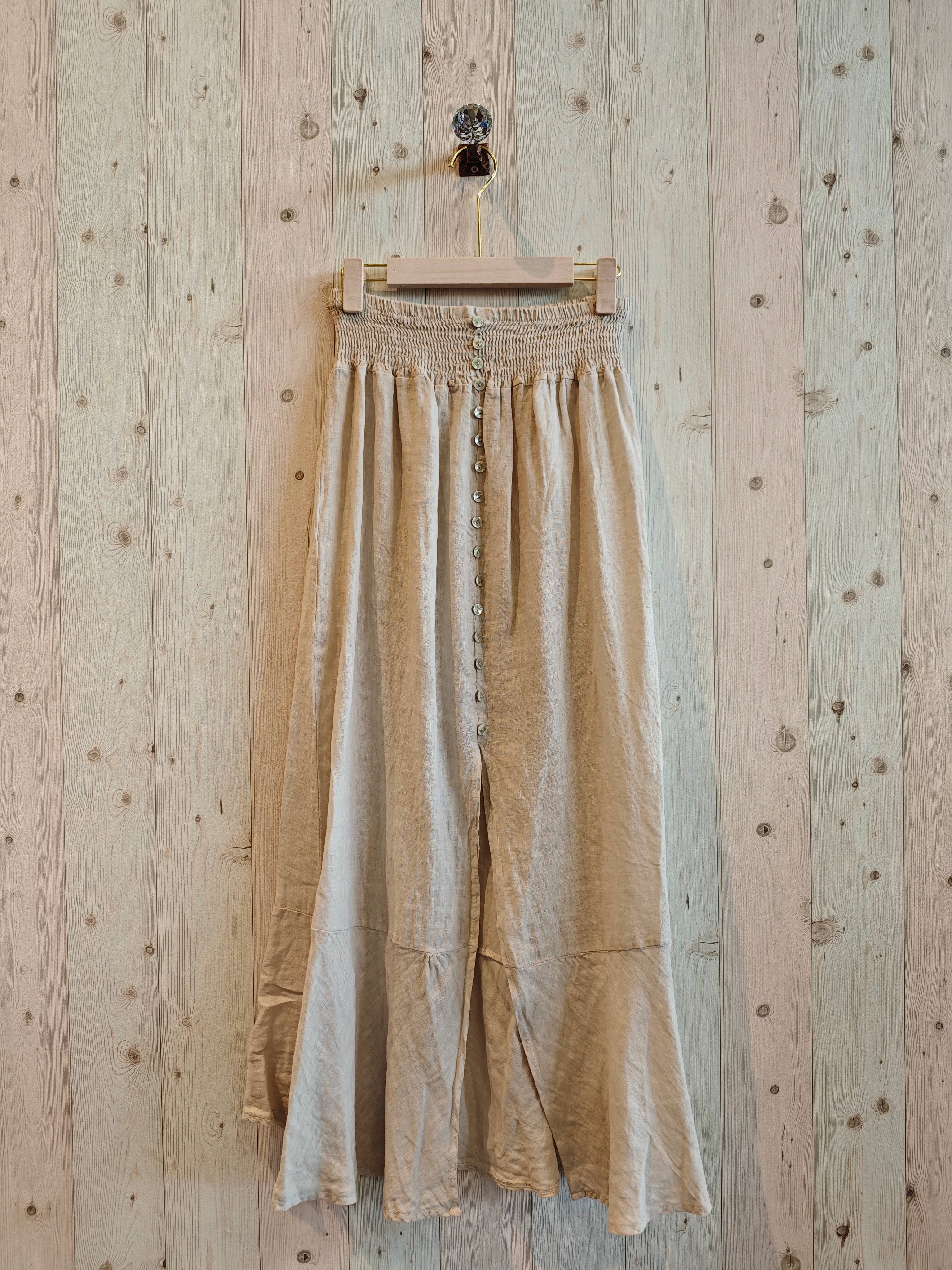 European Linen Skirt with Wide Elastic Waist and Buttons 9565