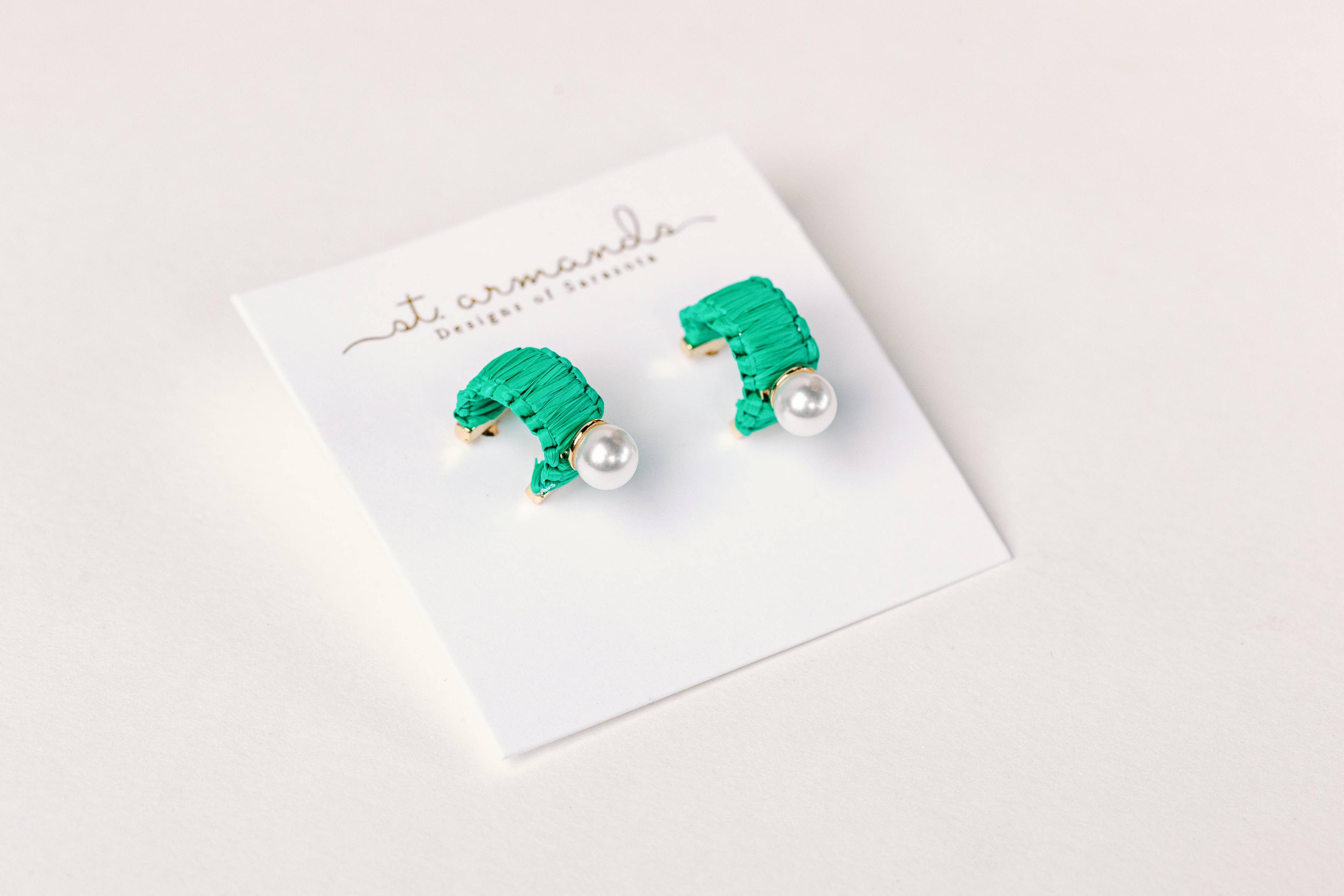St. Armands Mini Green Raffia and Pearl Huggie Hoop Earrings