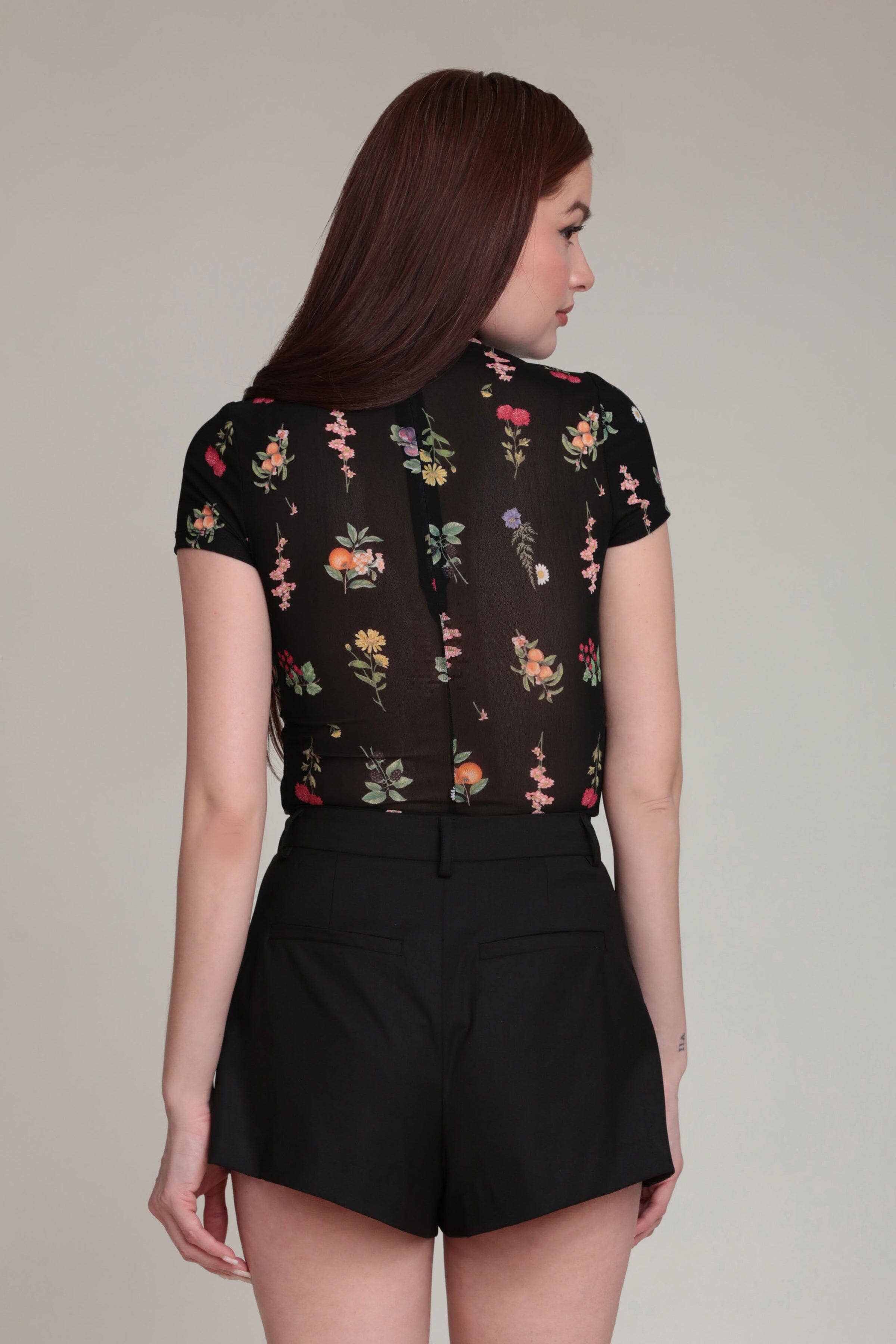 Avec Les Filles Floral Mesh Mock Neck Top