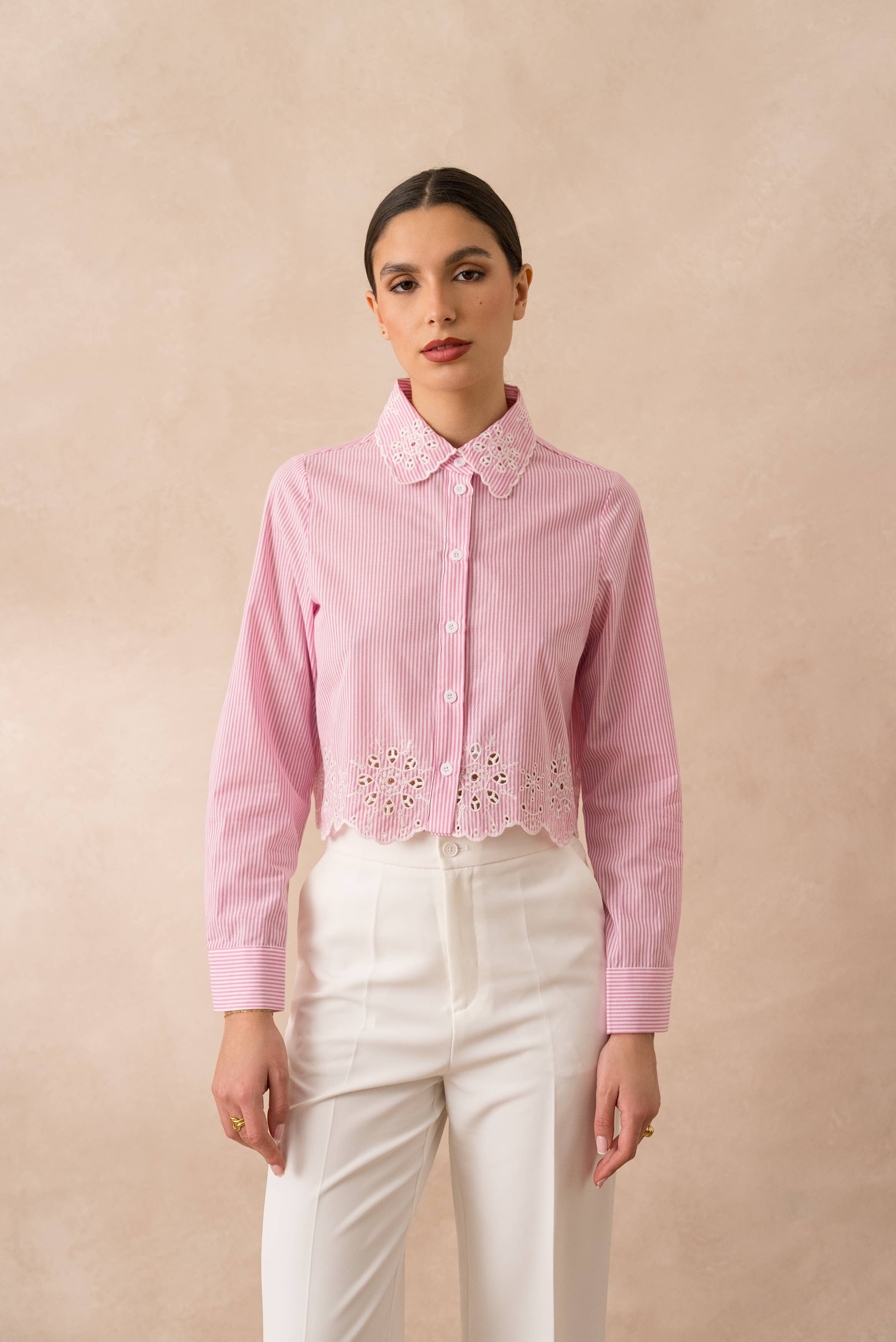 European Collection - Striped & Eyelet Cropped Shirt