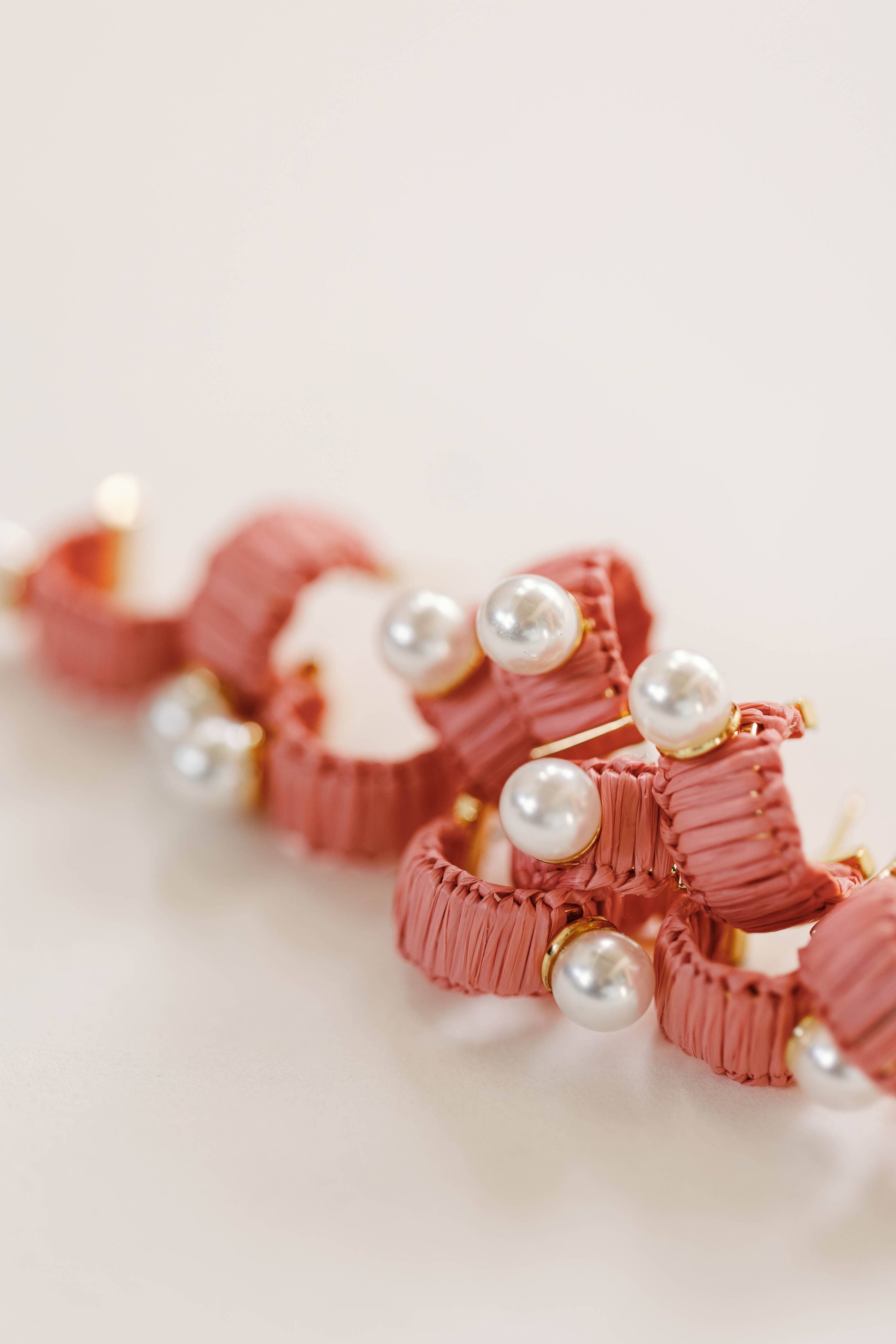 St. Armands Mini Pink Raffia and Pearl Huggie Hoop Earrings