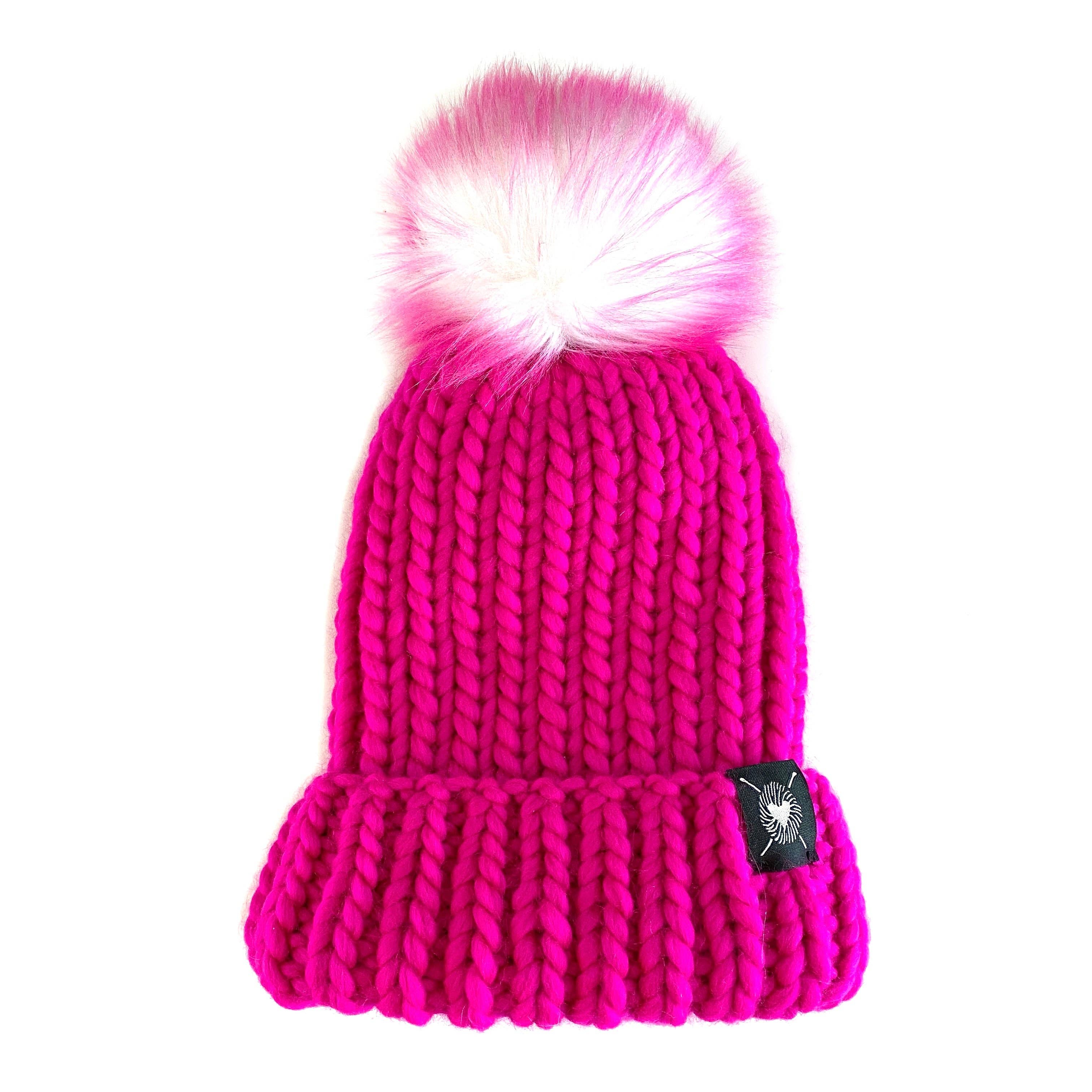 Nickichicki Merino Folded Brim Faux Fur Pom-Pom Beanie in Neon Pink