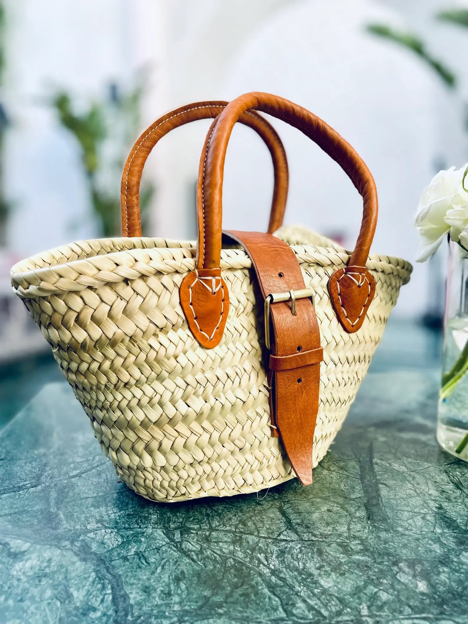 French Market Bags Handwoven Straw Basket Bag with Leather Handles #12