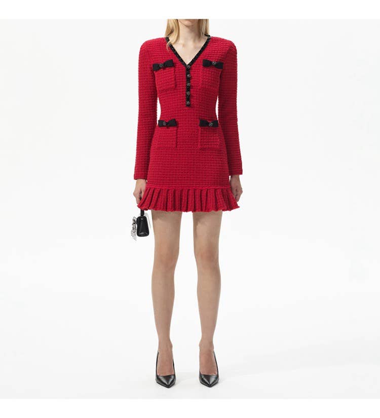 Thames Collection Elegant Bowknot V-Neck Knit Dress