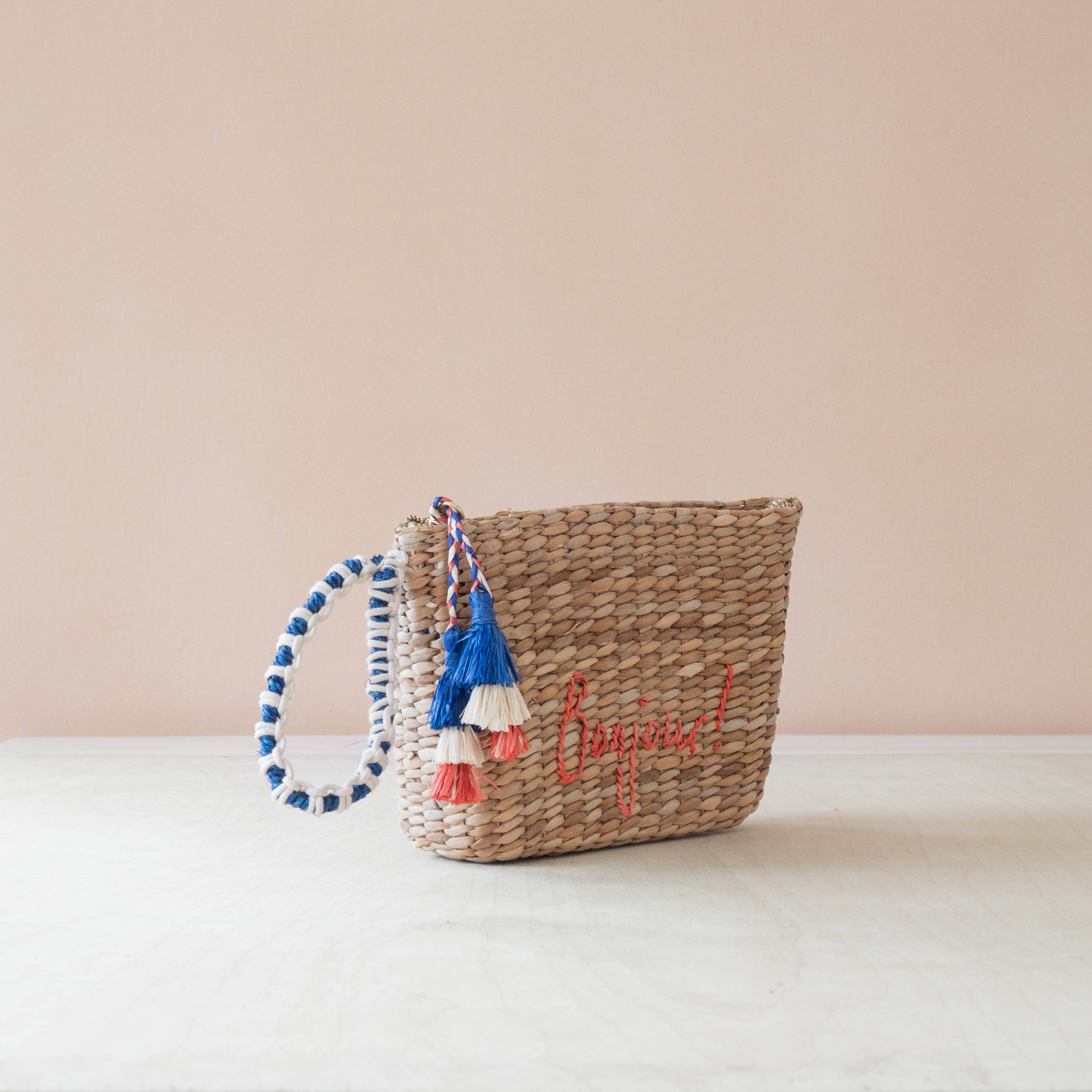 Mini Woven Pouch with Wristlet and Embroidered Bonjour – Handwoven Wristlet | LIKHÂ